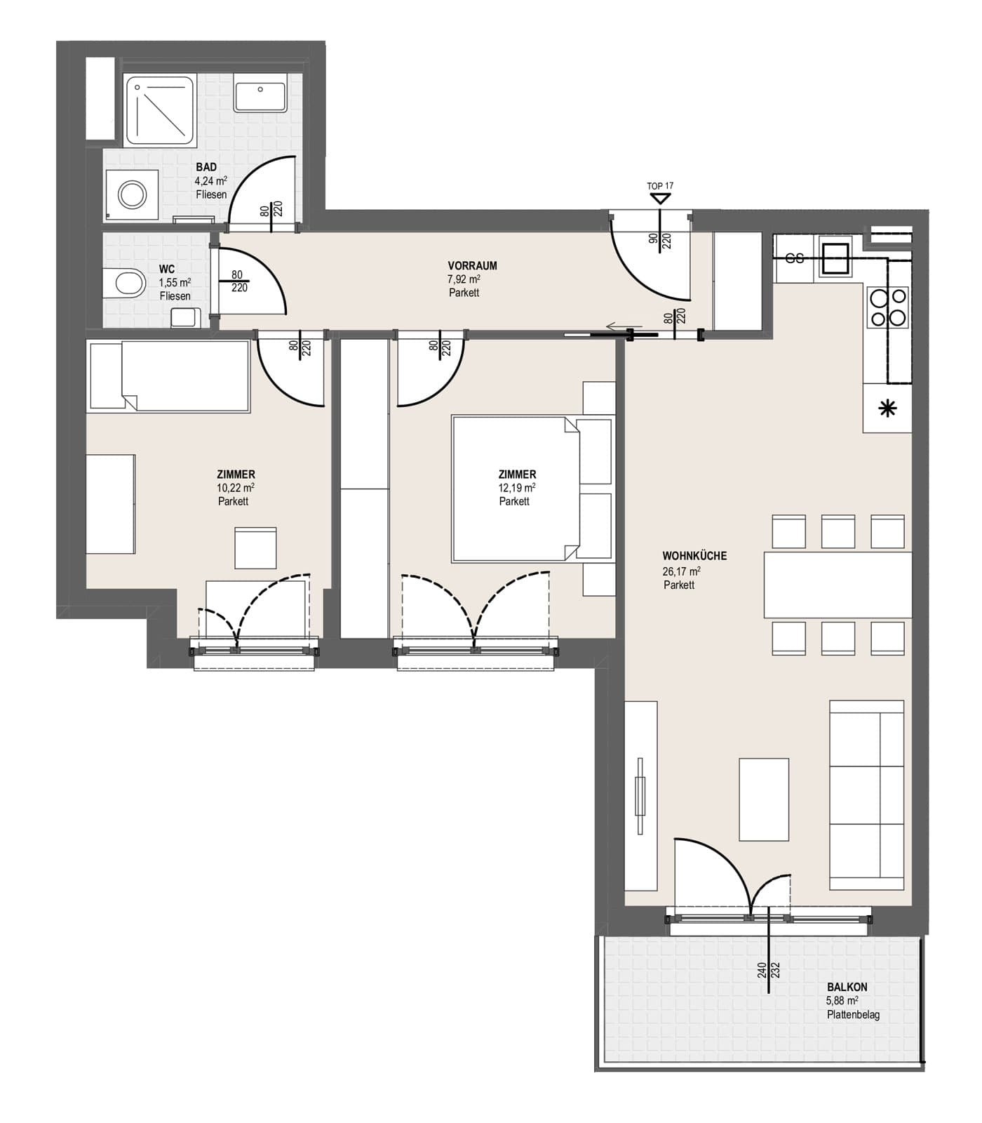 Grundriss TOP P 2.17 — Perfektastraße 13 / Stipcakgasse 10 — 3 Zimmer — 62,3 m² — 4th floor