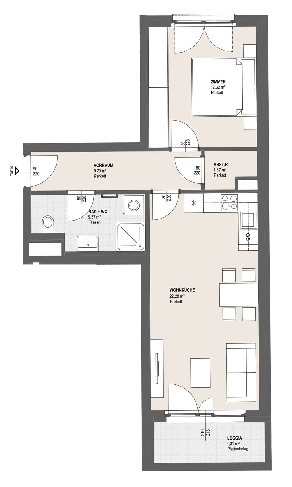Grundriss TOP P 1.7 — Perfektastraße 13 / Stipcakgasse 10 — 2 Zimmer — 48,1 m² — 1st floor