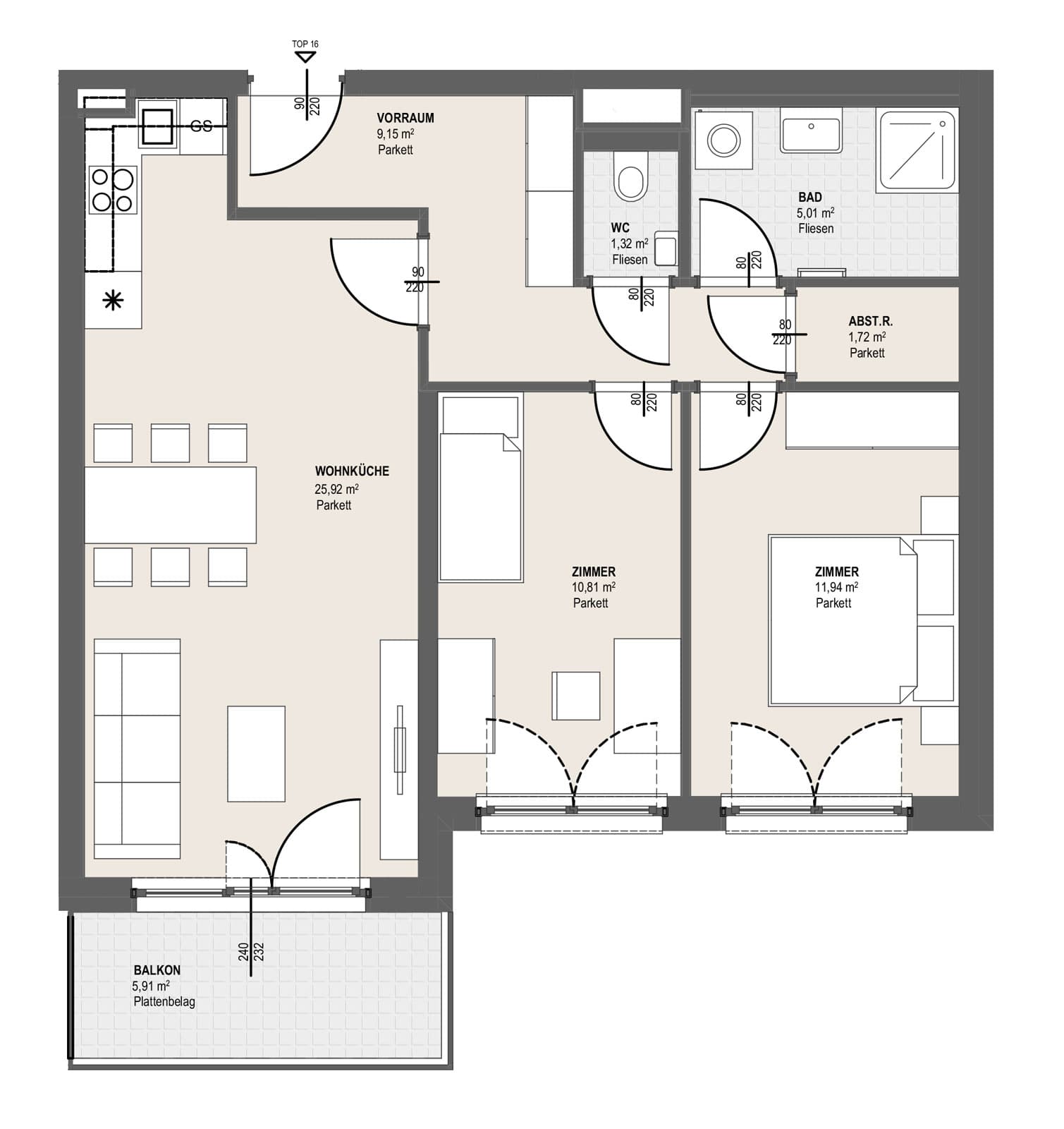 Grundriss TOP P 2.16 — Perfektastraße 13 / Stipcakgasse 10 — 3 Zimmer — 65,9 m² — 3rd floor