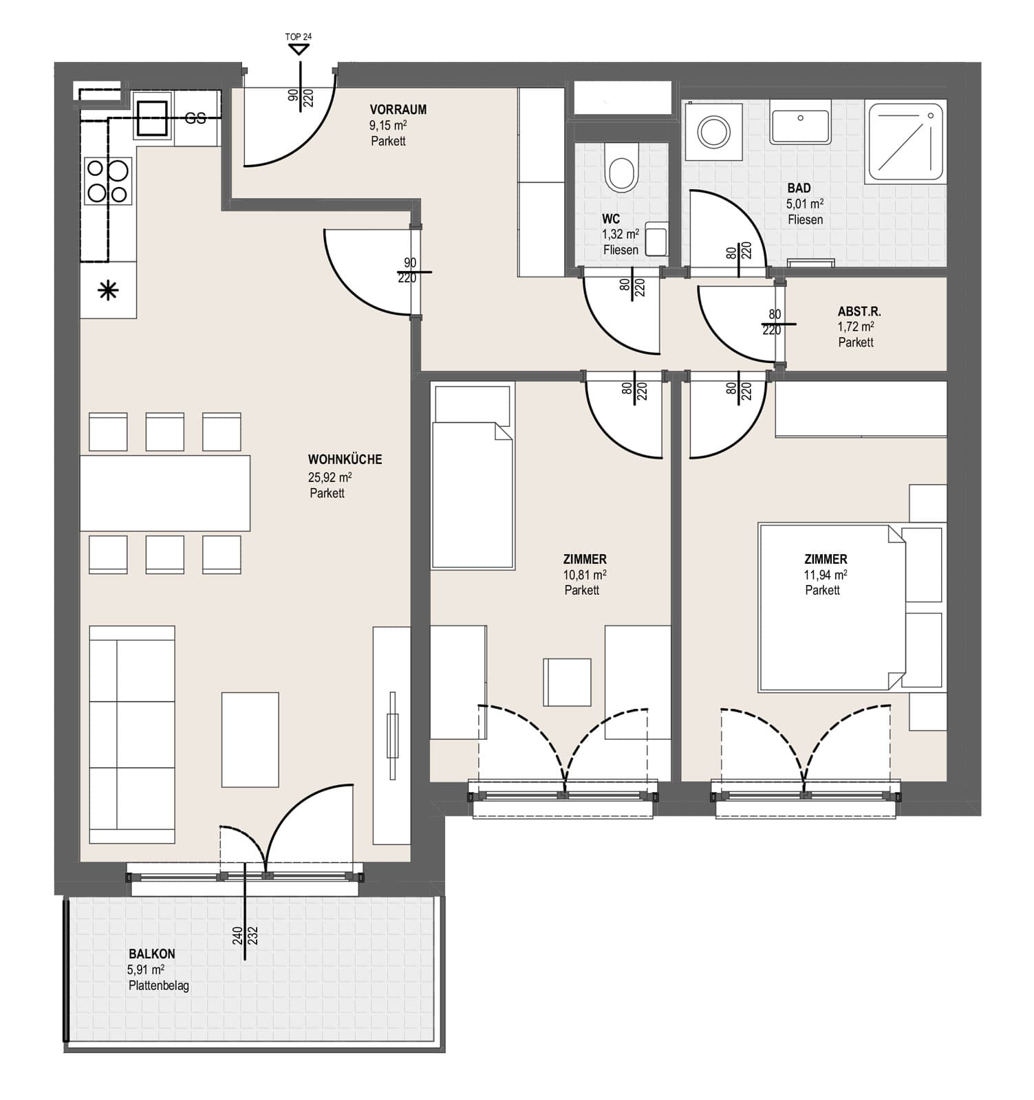 Grundriss TOP P 2.24 — Perfektastraße 13 / Stipcakgasse 10 — 3 Zimmer — 65,9 m² — 5th floor