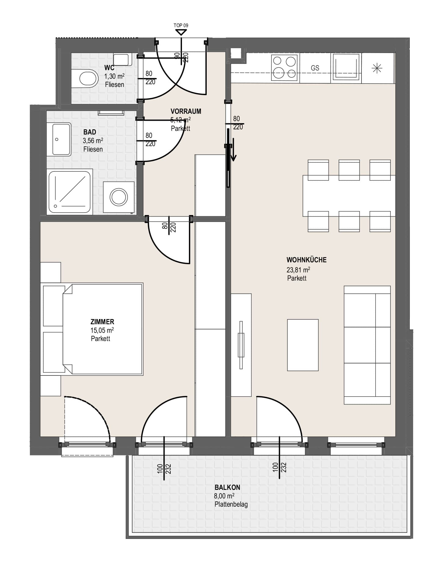 Grundriss TOP S 1.9 — Perfektastraße 13 / Stipcakgasse 10 — 2 Zimmer — 48,8 m² — 2nd floor