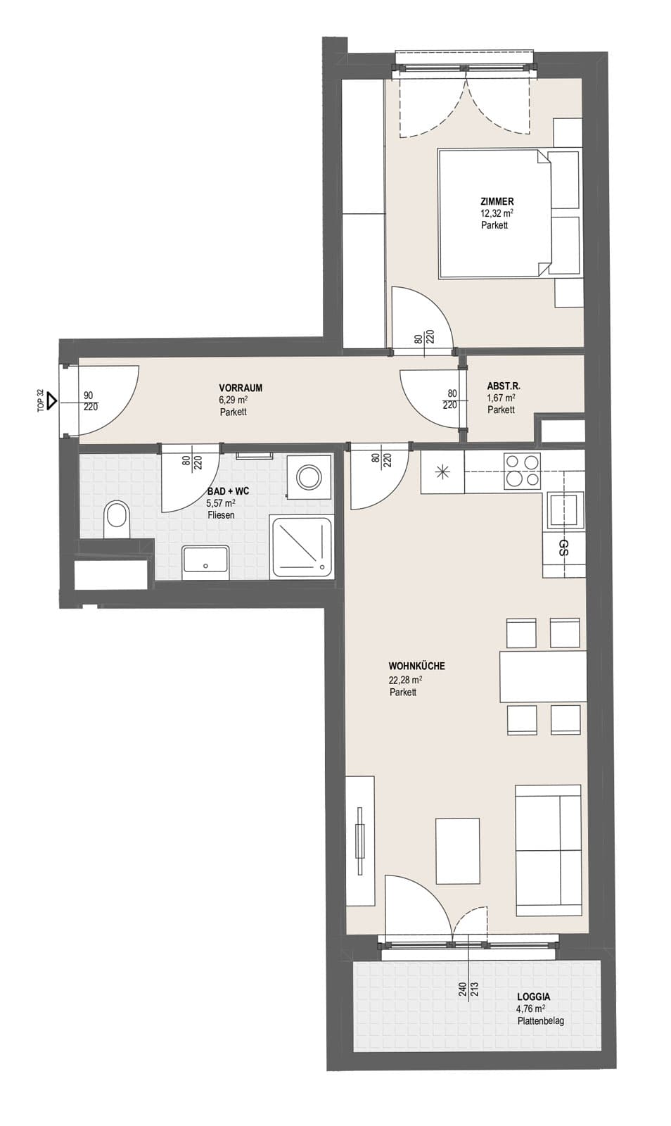 Grundriss TOP P 1.32 — Perfektastraße 13 / Stipcakgasse 10 — 2 Zimmer — 48,1 m² — 6th floor