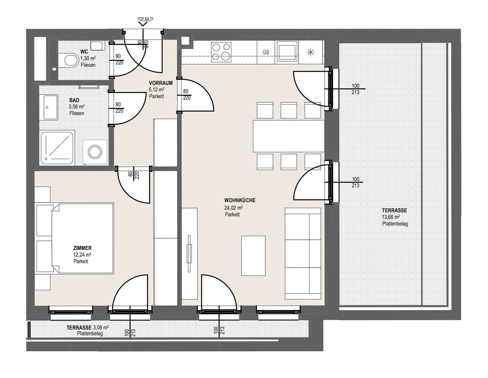 Grundriss TOP S 3.15 — Perfektastraße 13 / Stipcakgasse 10 — 2 Zimmer — 46,2 m² — Attic floor