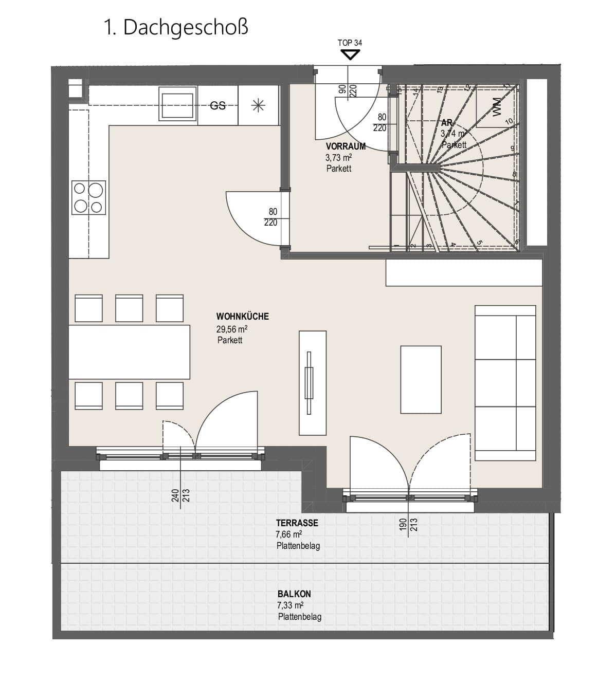 Grundriss TOP P 1.34 — Perfektastraße 13 / Stipcakgasse 10 — 3 Zimmer — 69 m² — 1st attic floor / 2nd attic floor — Grundriss 1/2