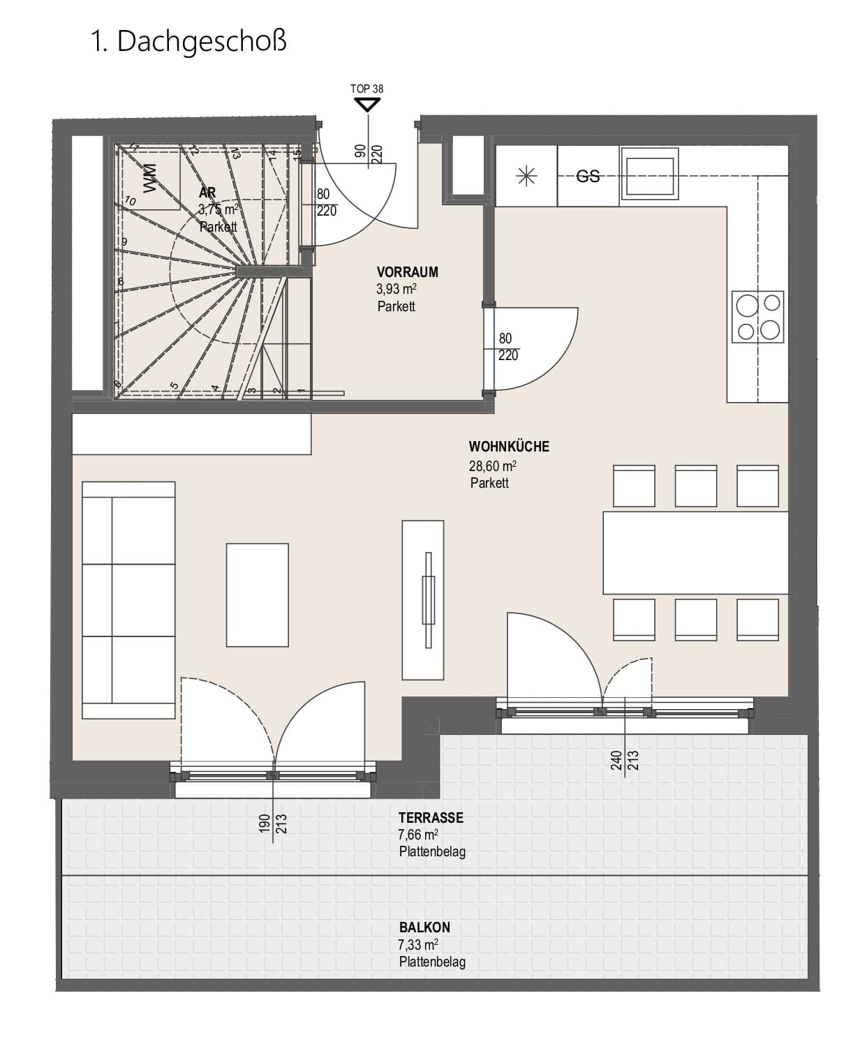 Grundriss TOP P 1.38 — Perfektastraße 13 / Stipcakgasse 10 — 2 Zimmer — 57,5 m² — 1st attic floor / 2nd attic floor — Grundriss 1/2