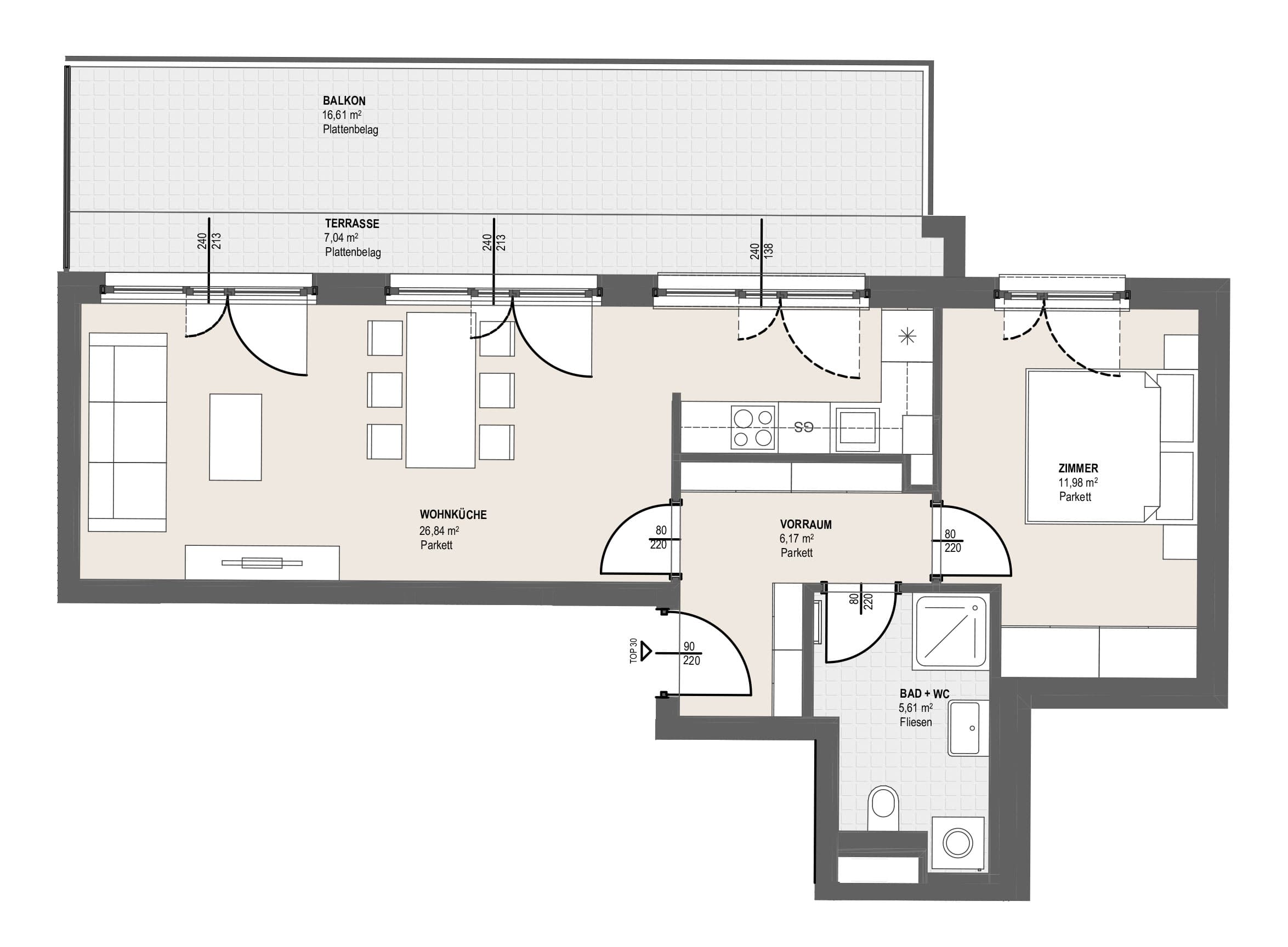 Grundriss TOP P 2.30 — Perfektastraße 13 / Stipcakgasse 10 — 2 Zimmer — 50,6 m² — Attic floor