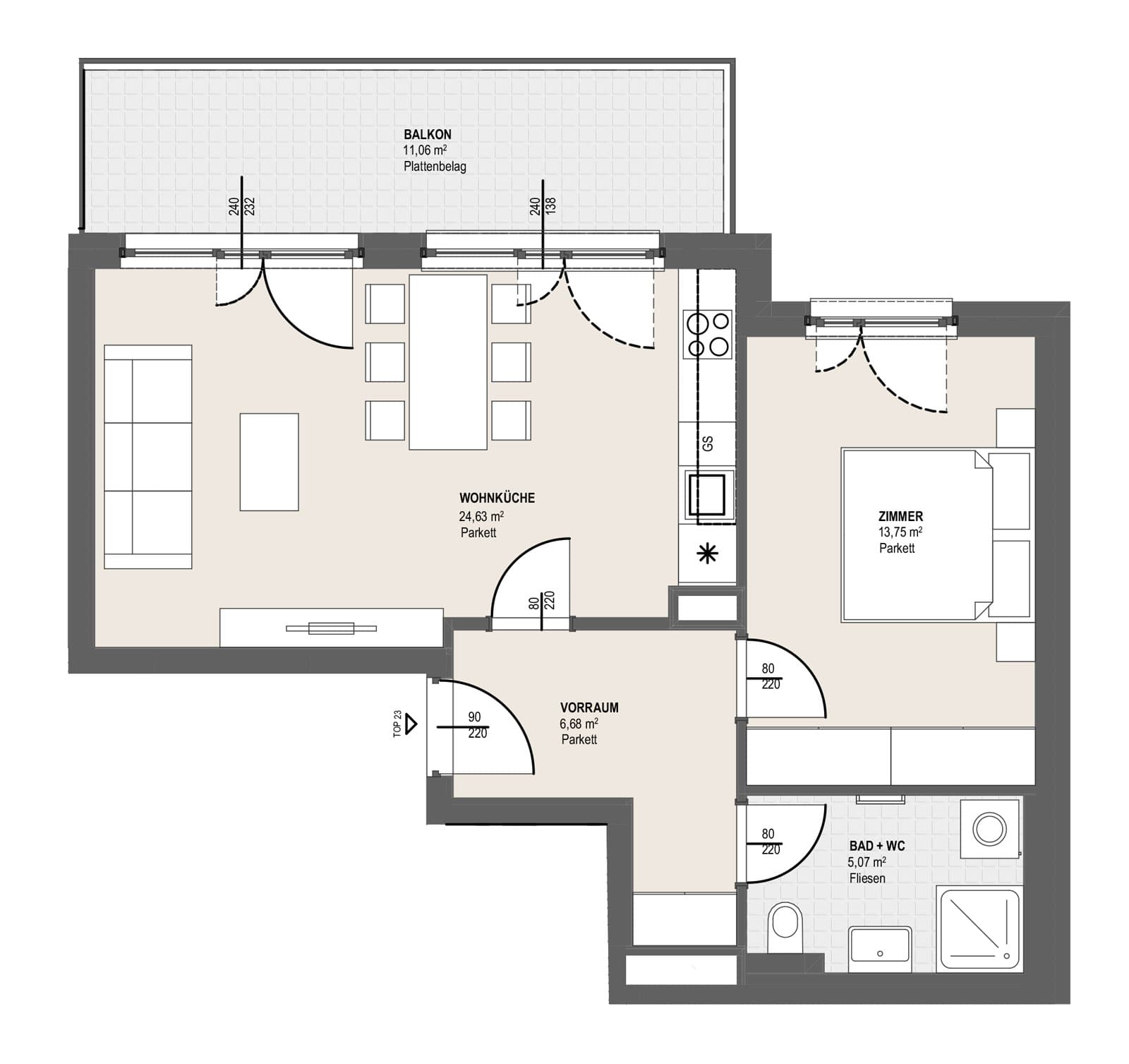 Grundriss TOP P 2.23 — Perfektastraße 13 / Stipcakgasse 10 — 2 Zimmer — 50,1 m² — 5th floor
