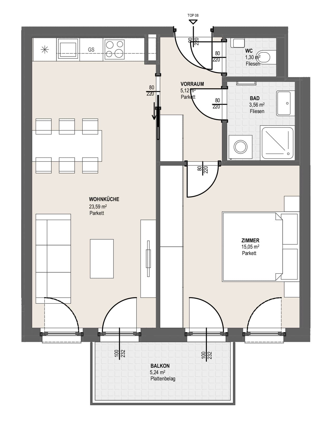 Grundriss TOP S 1.8 — Perfektastraße 13 / Stipcakgasse 10 — 2 Zimmer — 48,6 m² — 1st floor
