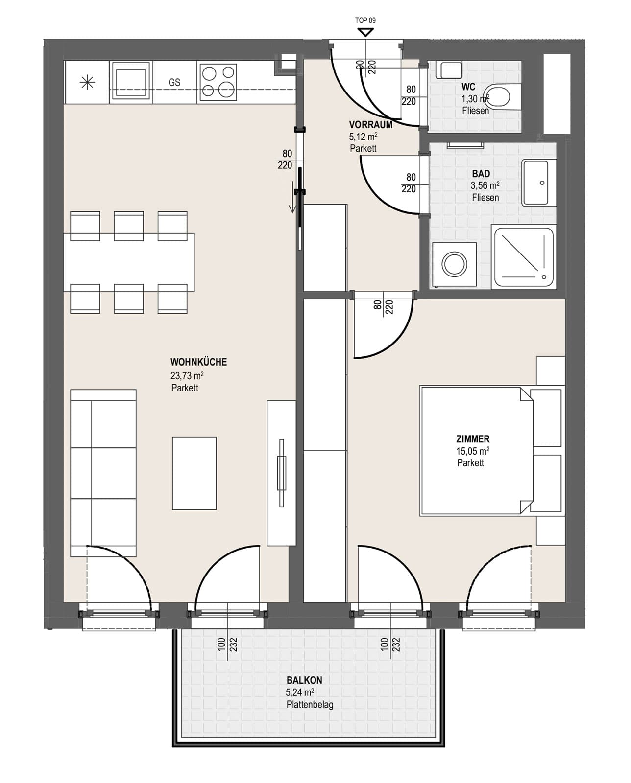 Grundriss TOP S 3.9 — Perfektastraße 13 / Stipcakgasse 10 — 2 Zimmer — 48,8 m² — 1st floor