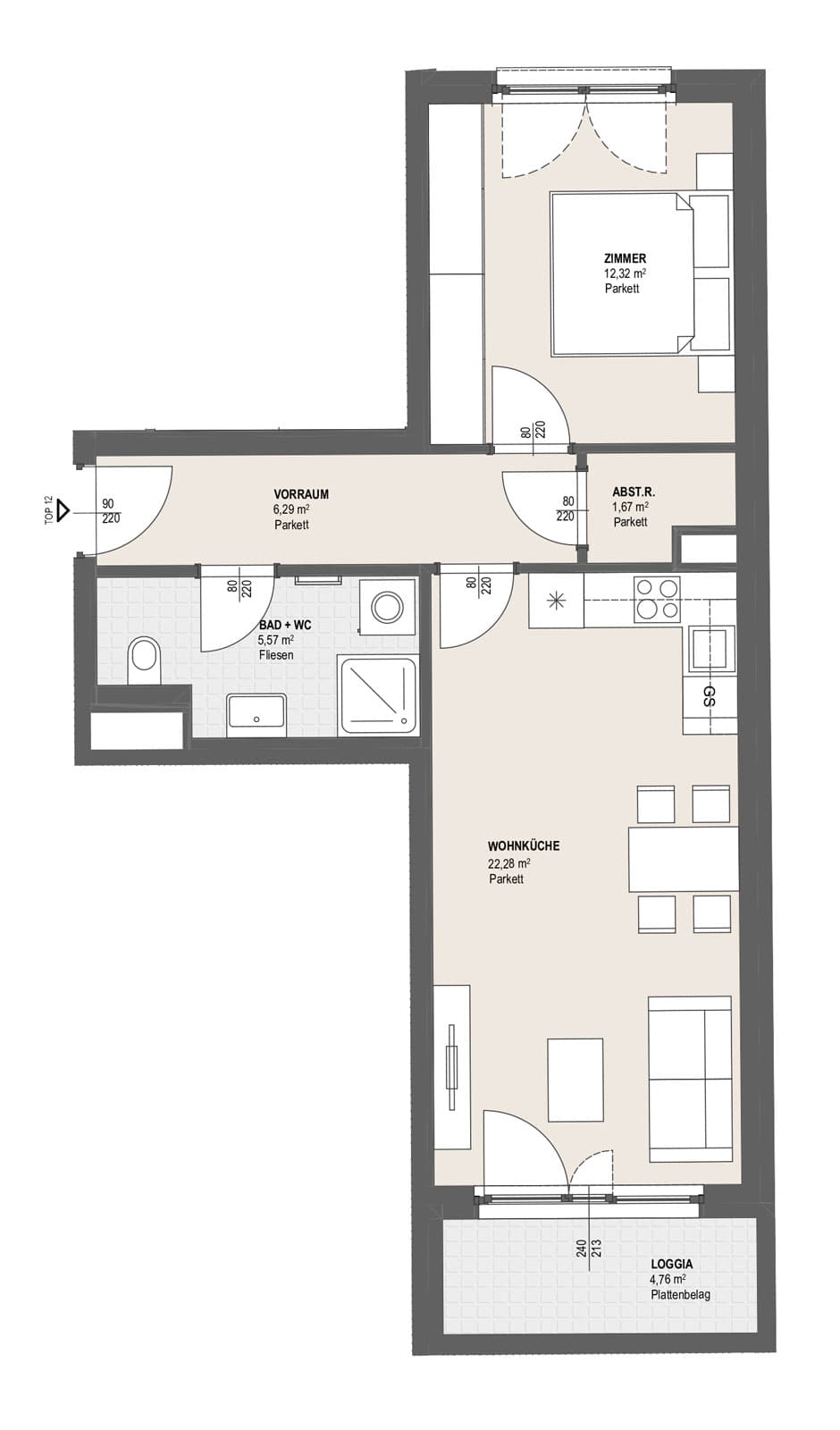 Grundriss TOP P 1.12 — Perfektastraße 13 / Stipcakgasse 10 — 2 Zimmer — 48,1 m² — 2nd floor