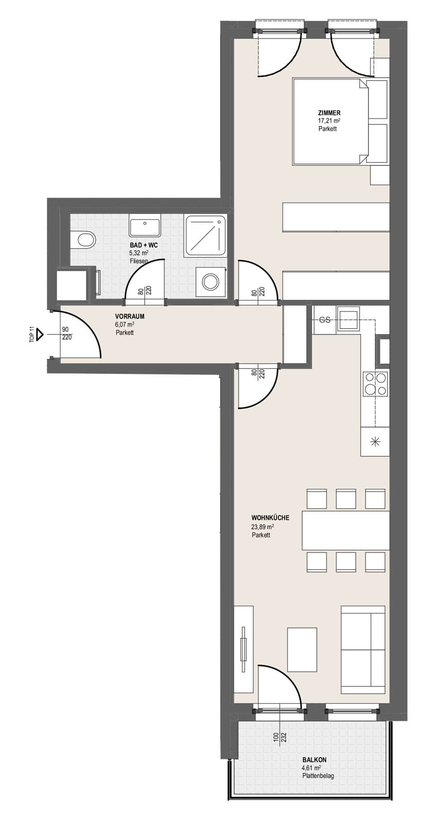 Grundriss TOP S 3.11 — Perfektastraße 13 / Stipcakgasse 10 — 2 Zimmer — 52,5 m² — 2nd floor