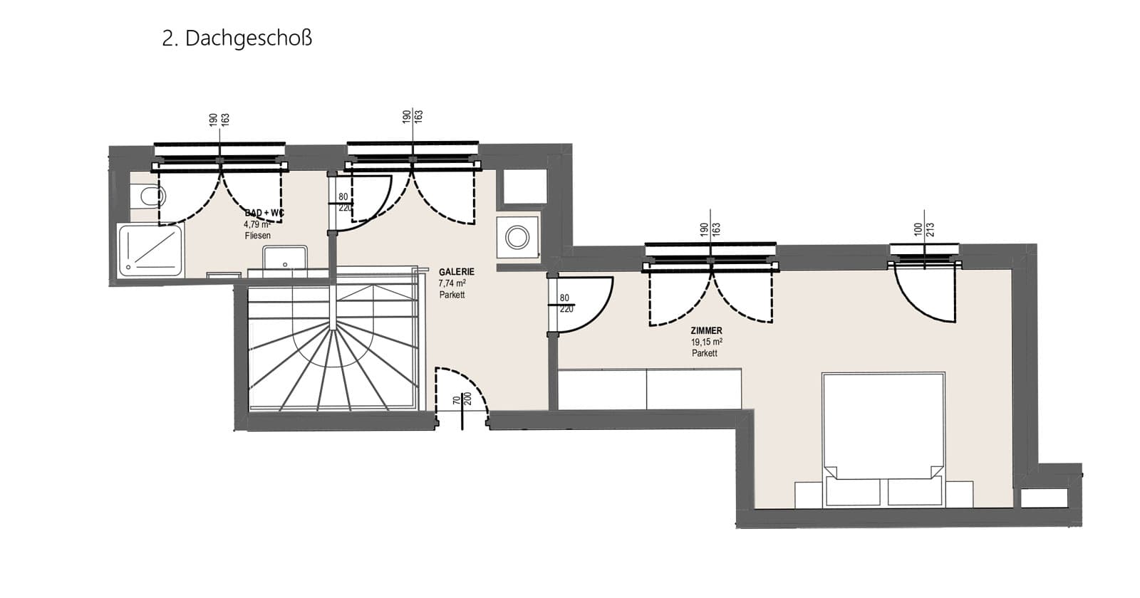 Grundriss TOP P 1.36 — Perfektastraße 13 / Stipcakgasse 10 — 3 Zimmer — 69,4 m² — 1st attic floor / 2nd attic floor — Grundriss 2/2