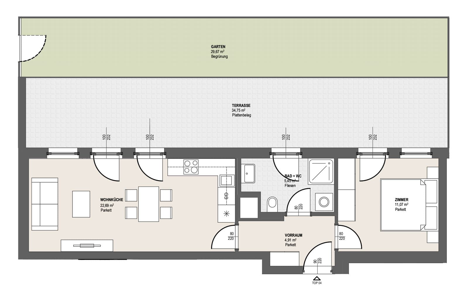 Grundriss TOP S 3.4 — Perfektastraße 13 / Stipcakgasse 10 — 2 Zimmer — 44,1 m² — Ground floor
