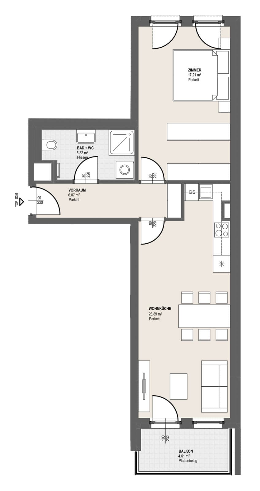 Grundriss TOP S 3.6 — Perfektastraße 13 / Stipcakgasse 10 — 2 Zimmer — 52,5 m² — 1st floor