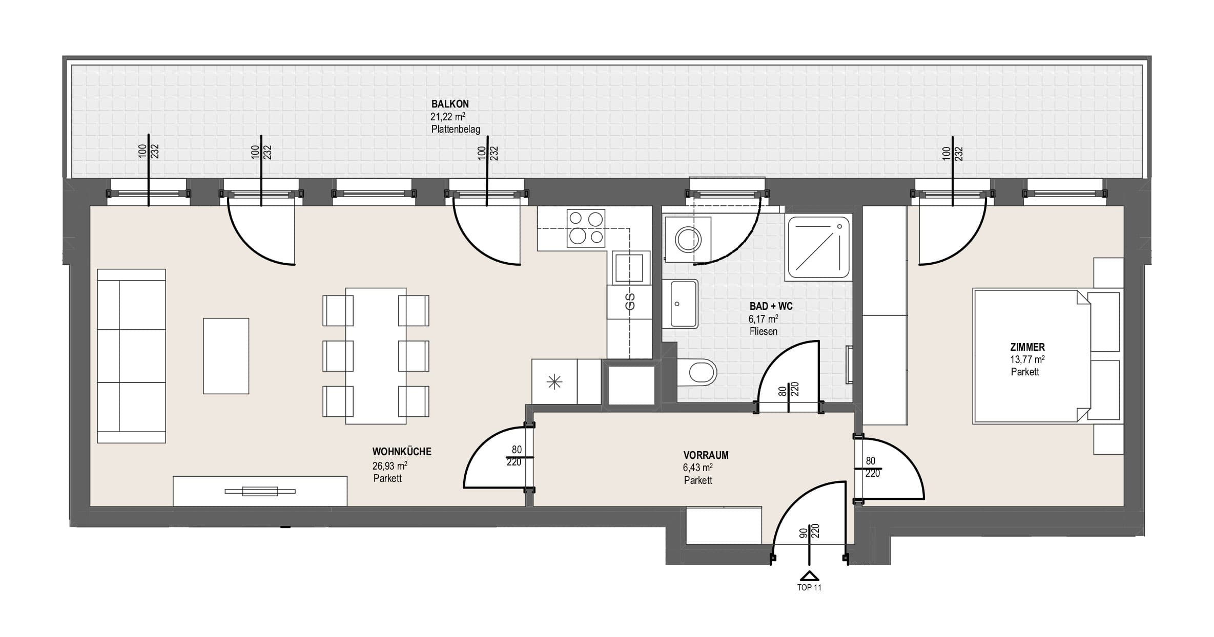 Grundriss TOP S 1.11 — Perfektastraße 13 / Stipcakgasse 10 — 2 Zimmer — 53,3 m² — 2nd floor