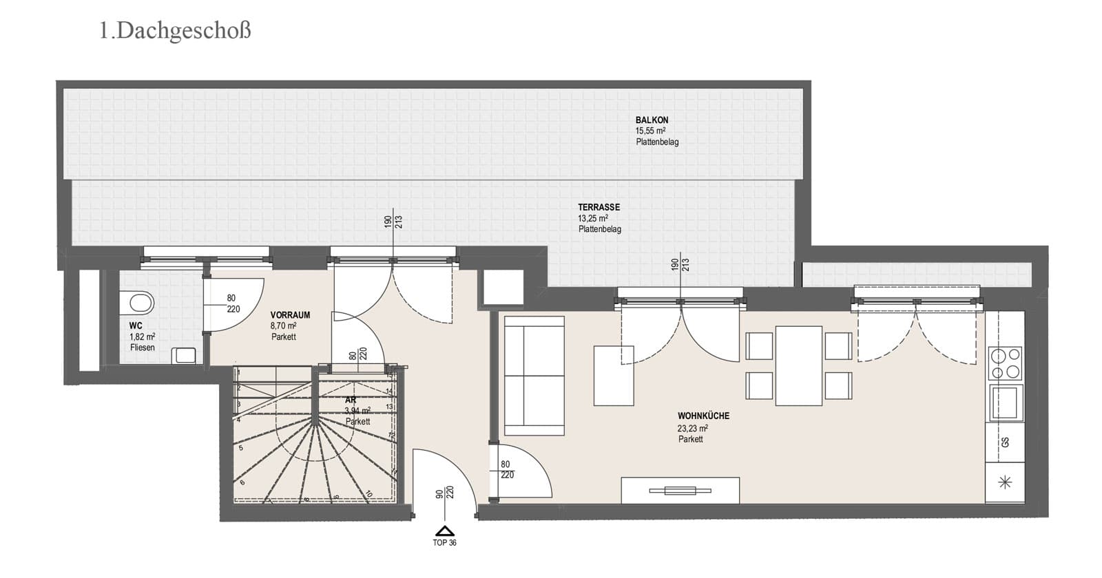 Grundriss TOP P 1.36 — Perfektastraße 13 / Stipcakgasse 10 — 3 Zimmer — 69,4 m² — 1st attic floor / 2nd attic floor — Grundriss 1/2