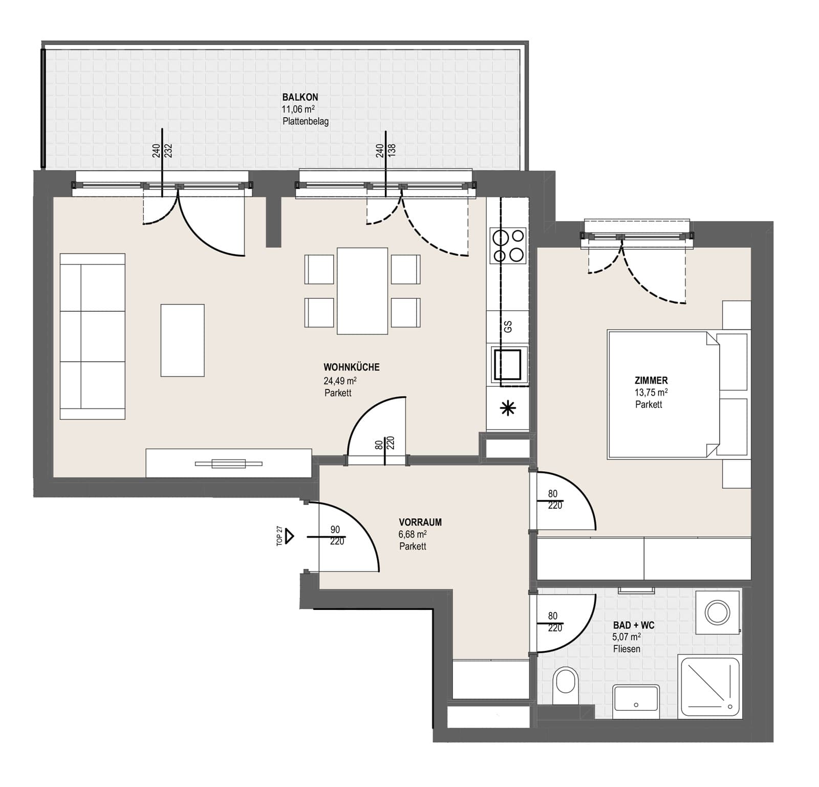 Grundriss TOP P 2.27 — Perfektastraße 13 / Stipcakgasse 10 — 2 Zimmer — 50 m² — 6th floor