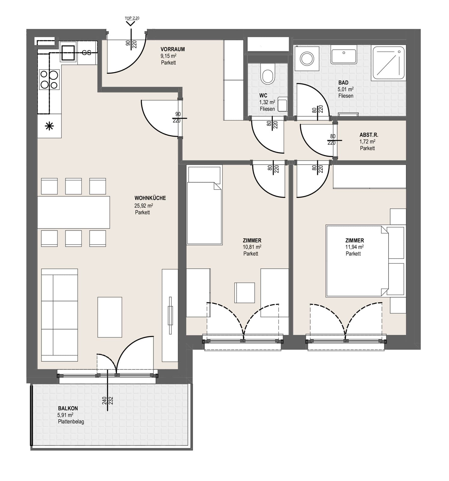 Grundriss TOP P 2.20 — Perfektastraße 13 / Stipcakgasse 10 — 3 Zimmer — 65,9 m² — 4th floor