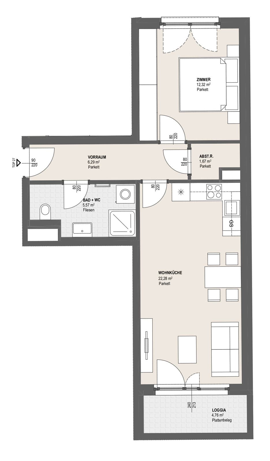 Grundriss TOP P 1.27 — Perfektastraße 13 / Stipcakgasse 10 — 2 Zimmer — 48,1 m² — 5th floor