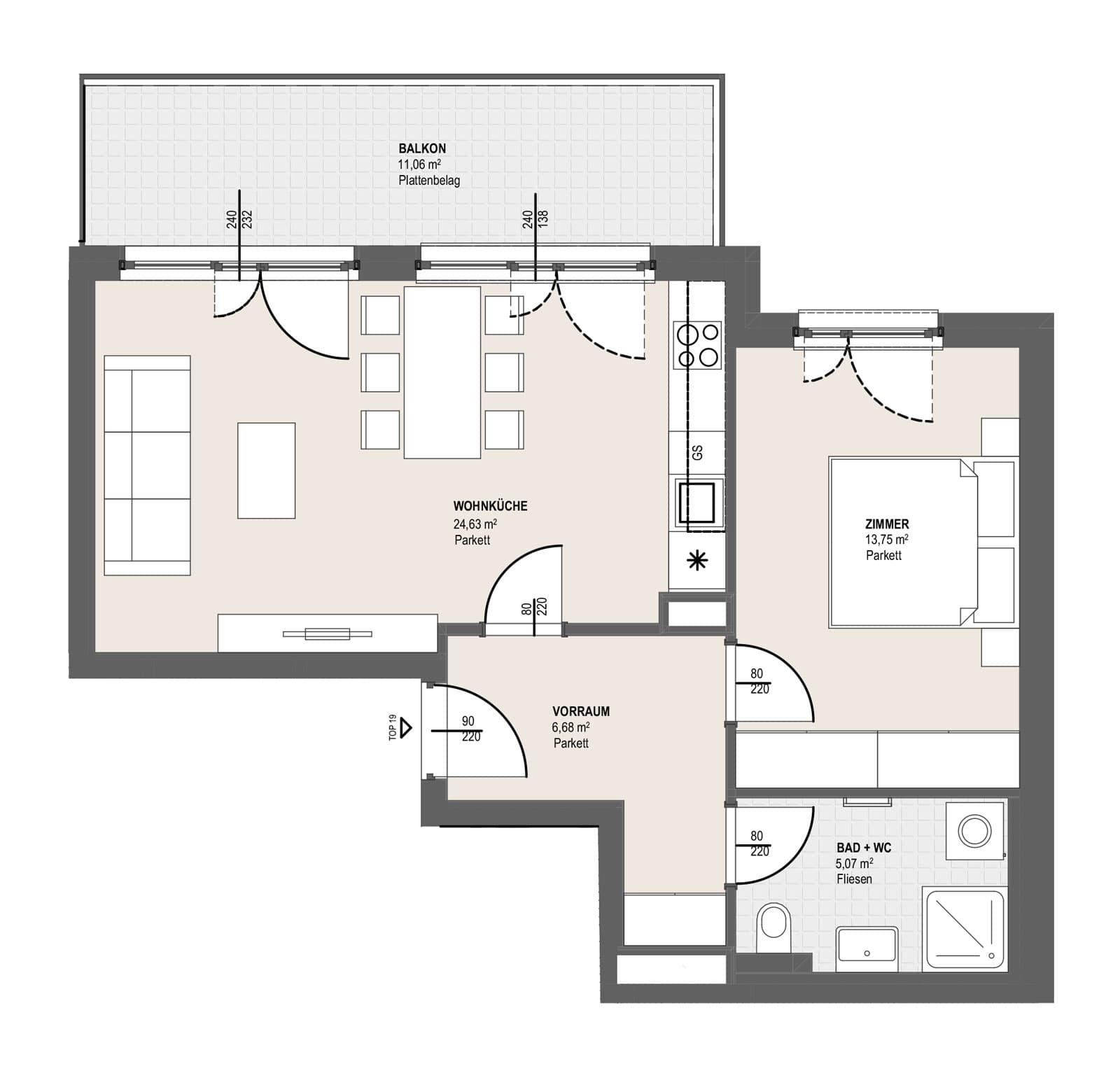 Grundriss TOP P 2.19 — Perfektastraße 13 / Stipcakgasse 10 — 2 Zimmer — 50,1 m² — 4th floor