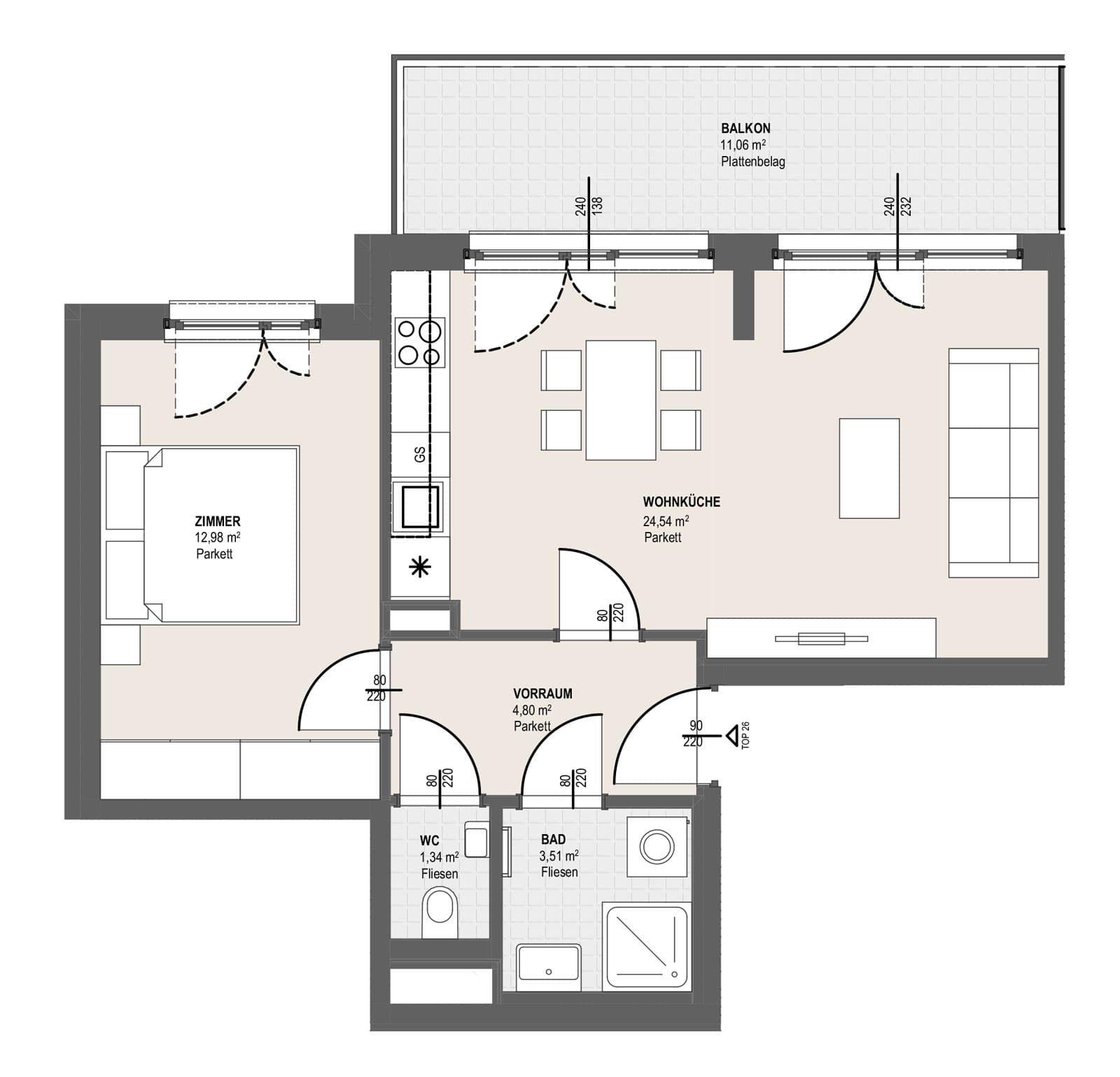 Grundriss TOP P 2.26 — Perfektastraße 13 / Stipcakgasse 10 — 2 Zimmer — 47,2 m² — 6th floor