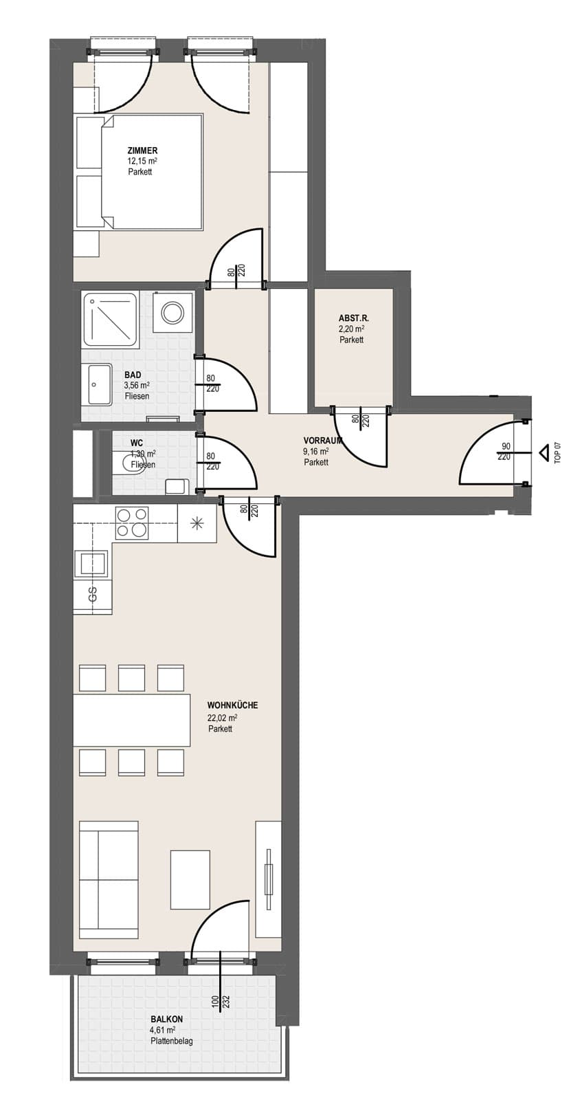 Grundriss TOP S 1.7 — Perfektastraße 13 / Stipcakgasse 10 — 2 Zimmer — 50,4 m² — 1st floor