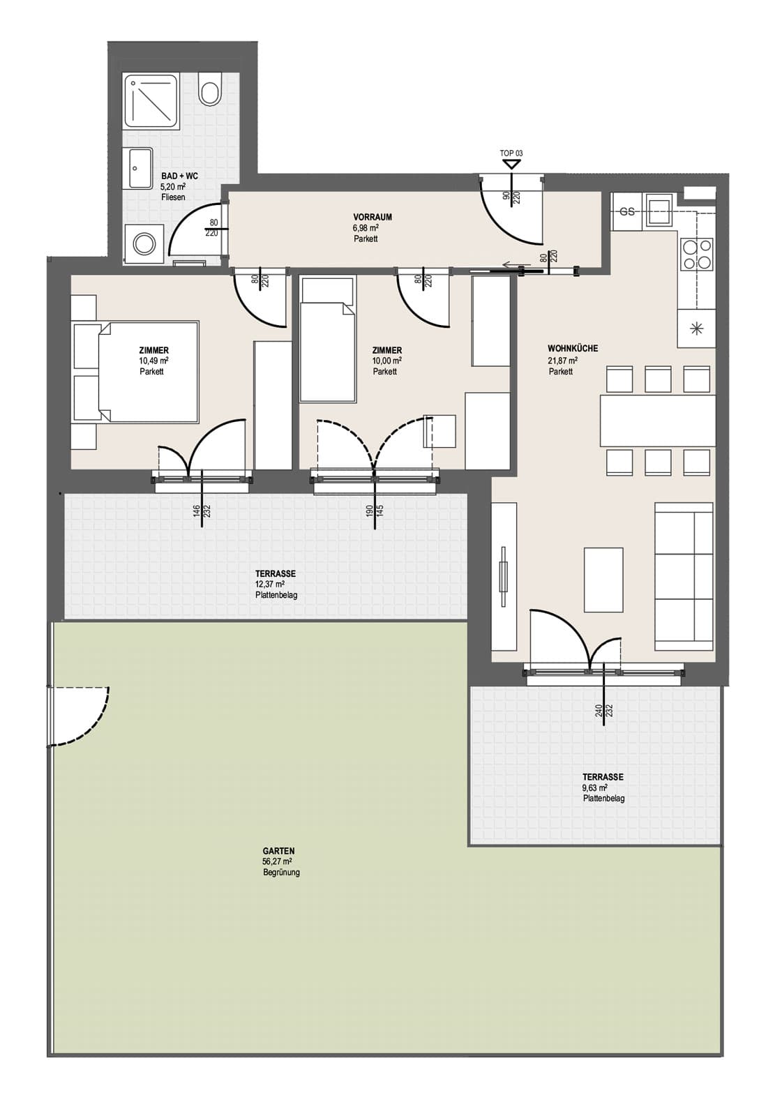 Grundriss TOP P 2.3 — Perfektastraße 13 / Stipcakgasse 10 — 3 Zimmer — 54,5 m² — Ground floor