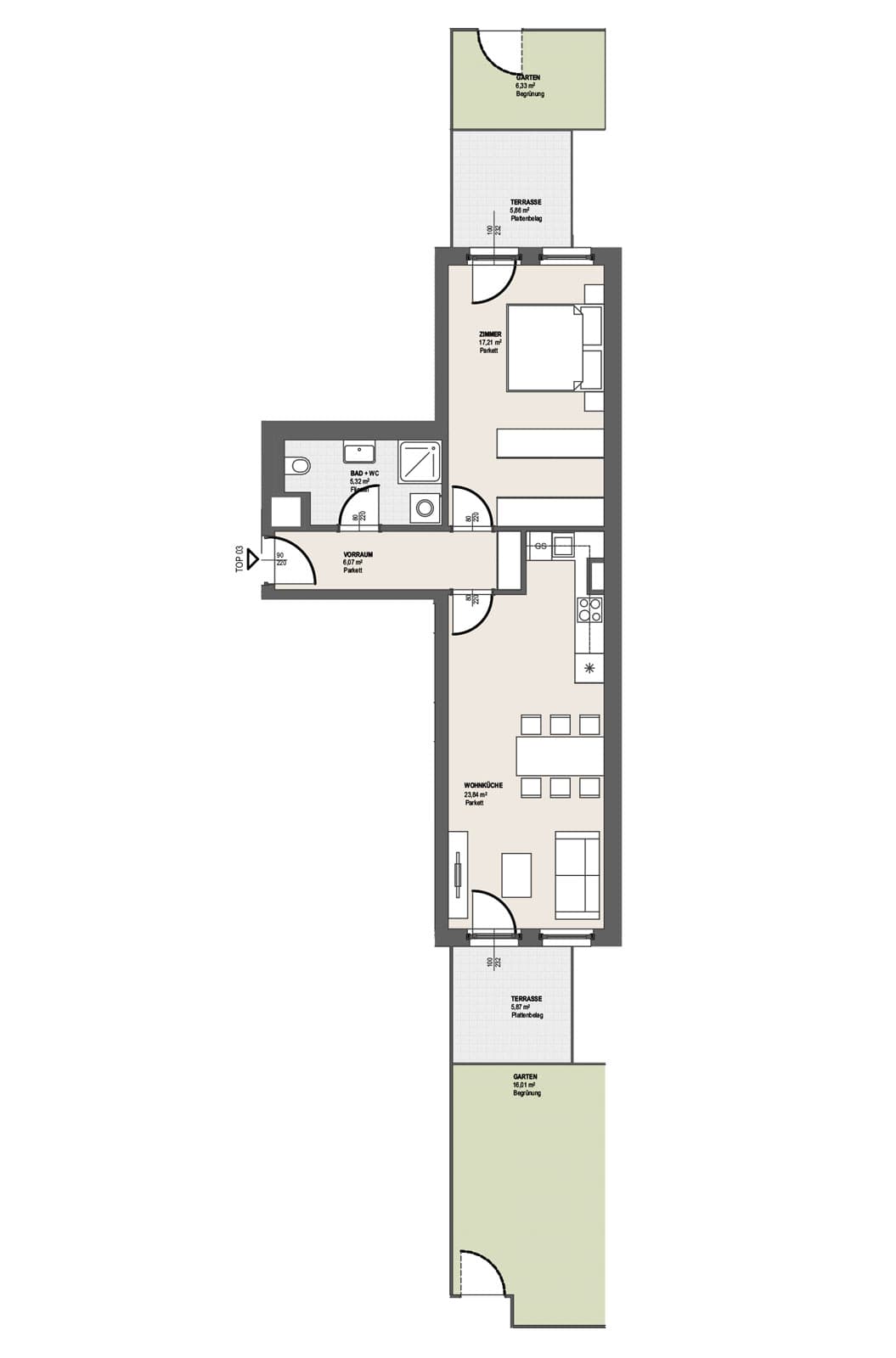 Grundriss TOP S 3.3 — Perfektastraße 13 / Stipcakgasse 10 — 2 Zimmer — 52,4 m² — Ground floor