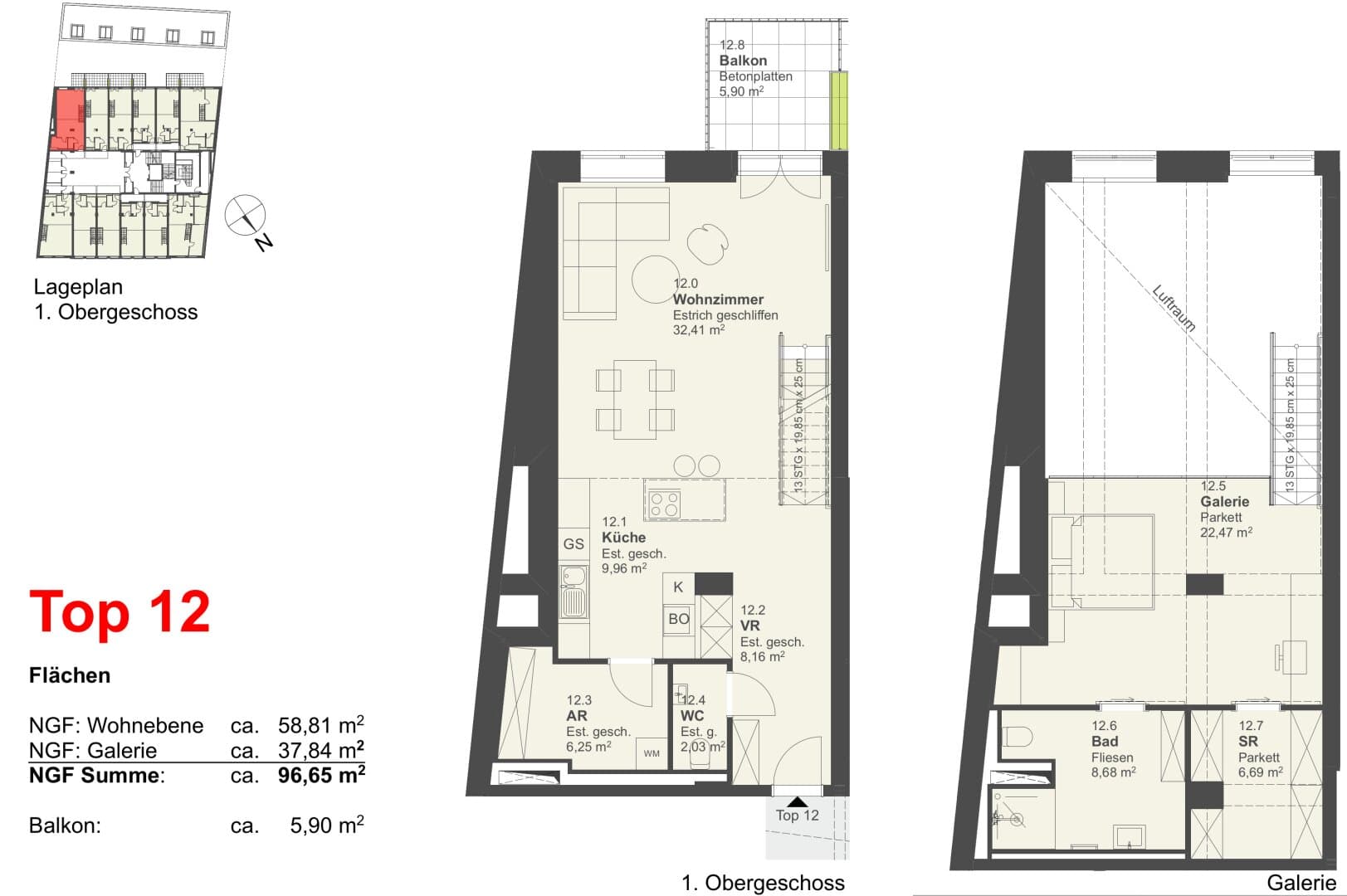 Grundriss Top 12 — Pitkagasse 4 — 2 Zimmer — 97 m² — Mezzanine / 1st floor / 2nd floor