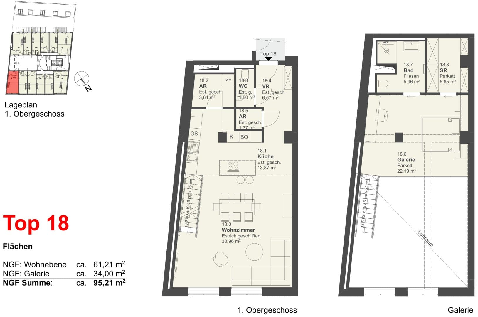 Grundriss Top 18 — Pitkagasse 4 — 2 Zimmer — 95 m² — Mezzanine / 1st floor / 2nd floor