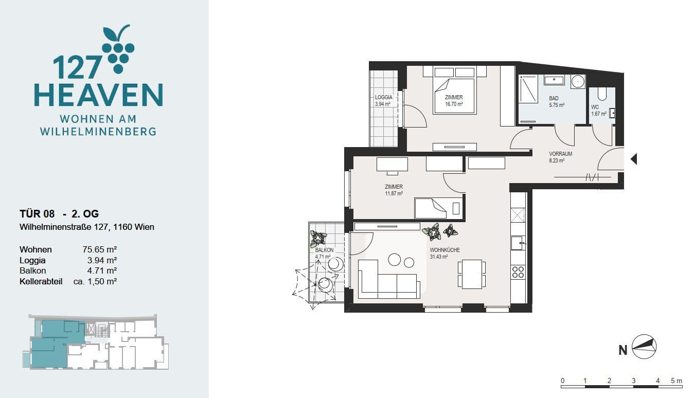 Grundriss Top 8 — 127 HEAVEN — 3 Zimmer — 75,7 m² — 2. OG