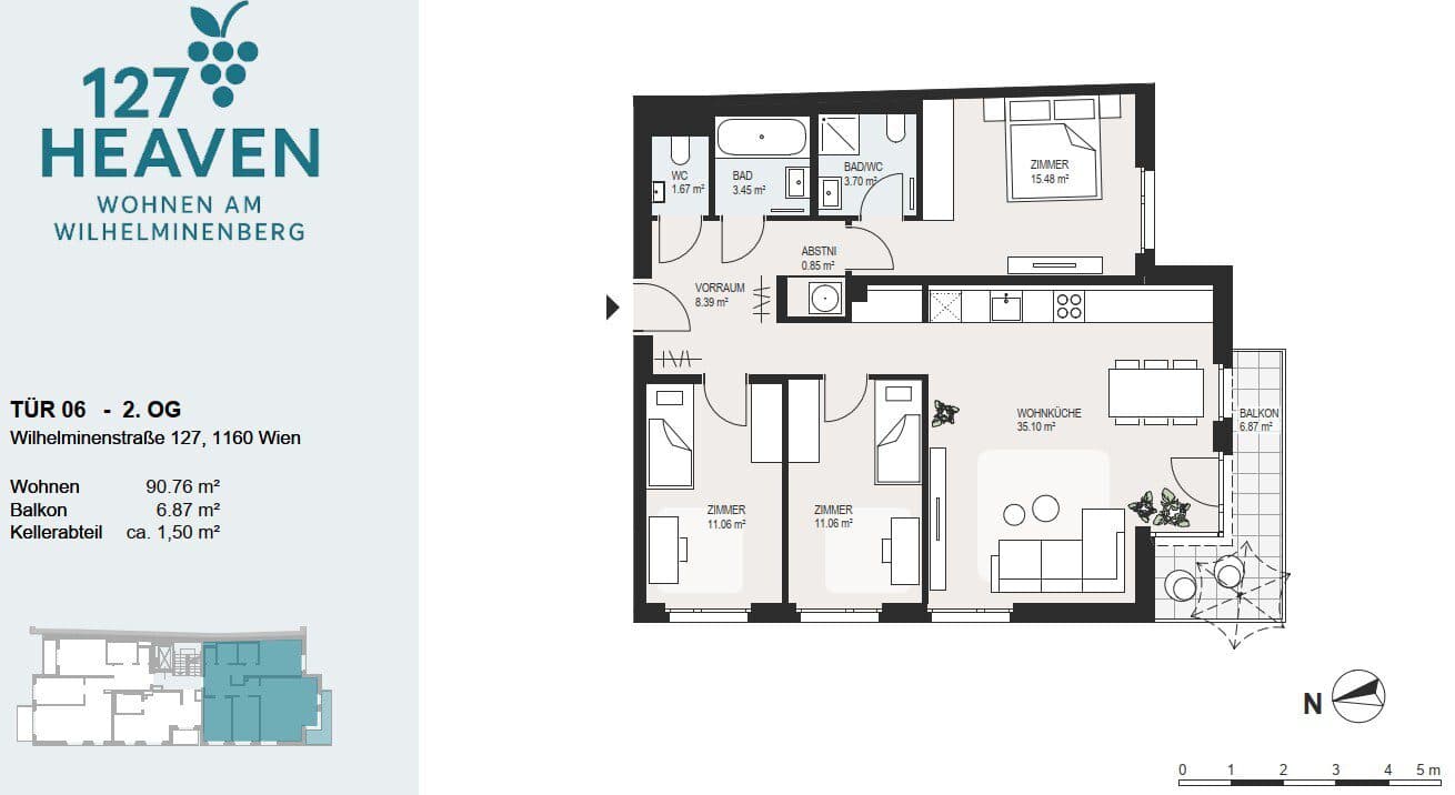 Grundriss Top 6 — 127 HEAVEN — 4 Zimmer — 90,8 m² — 2. OG
