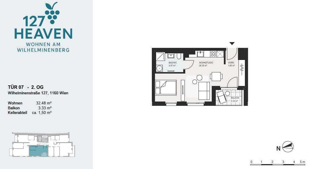Grundriss Top 7 — 127 HEAVEN — 1 Zimmer — 32,5 m² — 2. OG