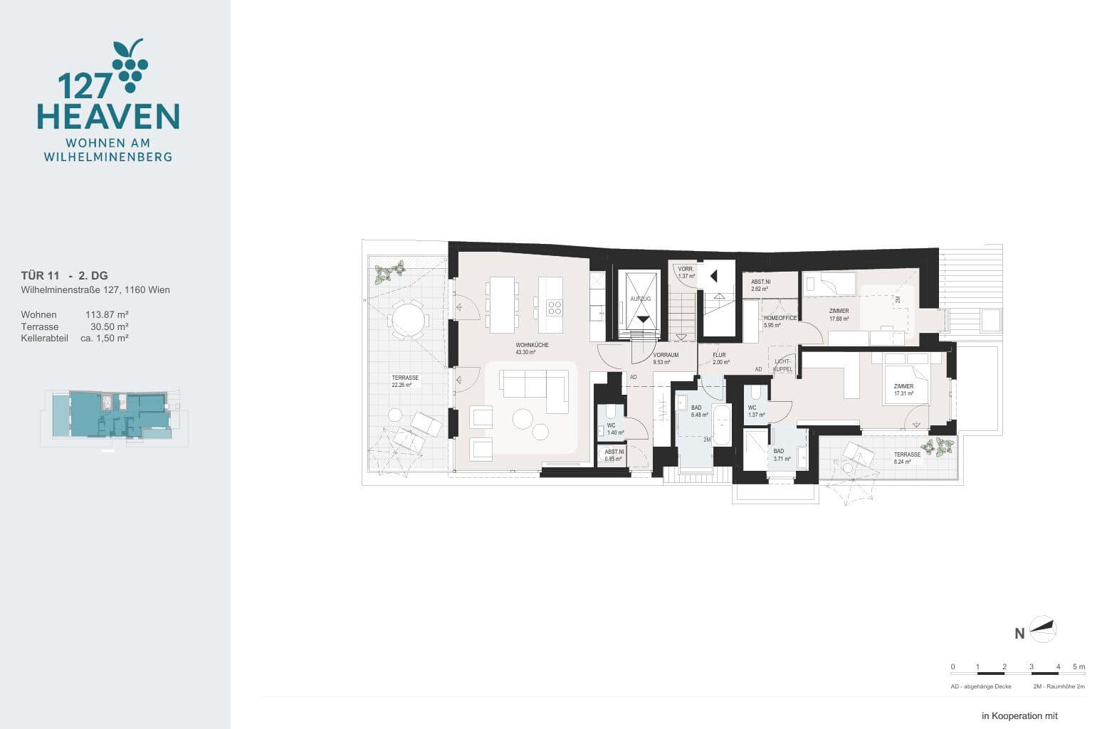 Grundriss Top 11 — 127 HEAVEN — 3.5 Zimmer — 113,6 m² — 2. DG — Grundriss 1/2