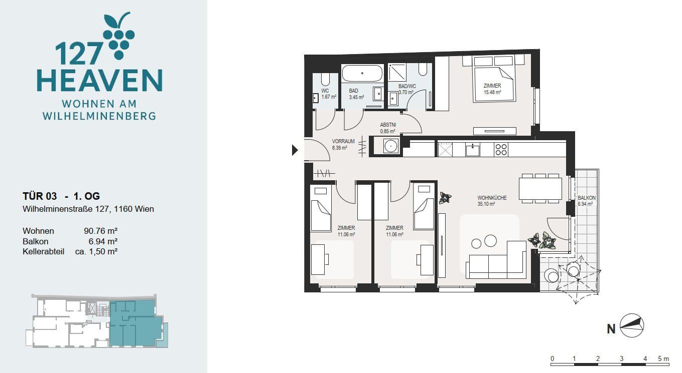 Floorplan Top 3 — 127 HEAVEN — 4 Rooms — 90.8 m² — 1. OG