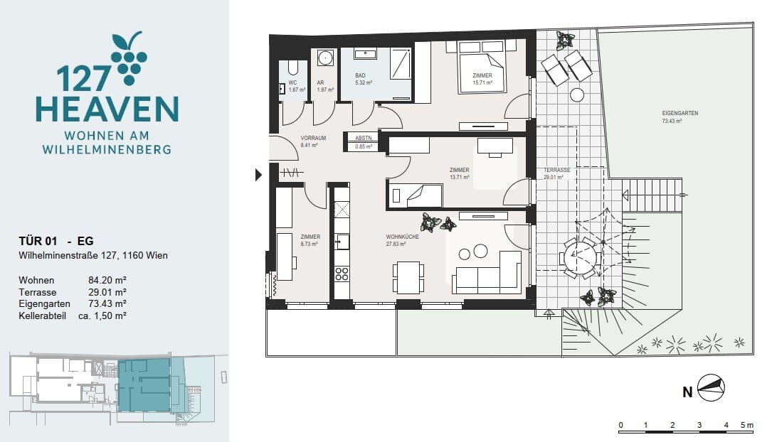 Grundriss Top 1 — 127 HEAVEN — 4 Zimmer — 84,2 m² — EG — Grundriss 1/2