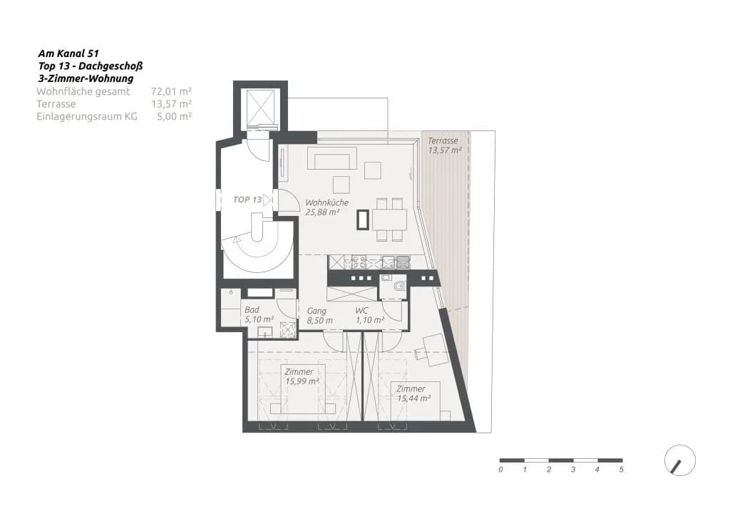 Grundriss Top 2 — LORYHAUS – Kleinod mit Garten — 3 Zimmer — 72 m² — 1. DG