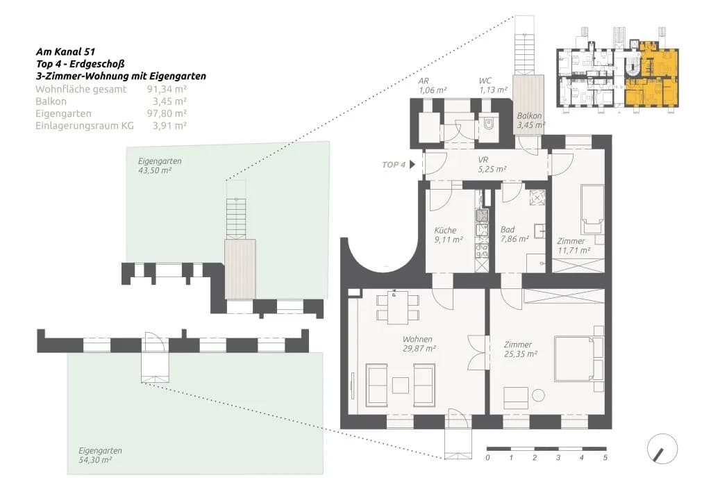 Grundriss Top 1 — LORYHAUS – Kleinod mit Garten — 3 Zimmer — 91,3 m² — 1. OG (Hochparterre)