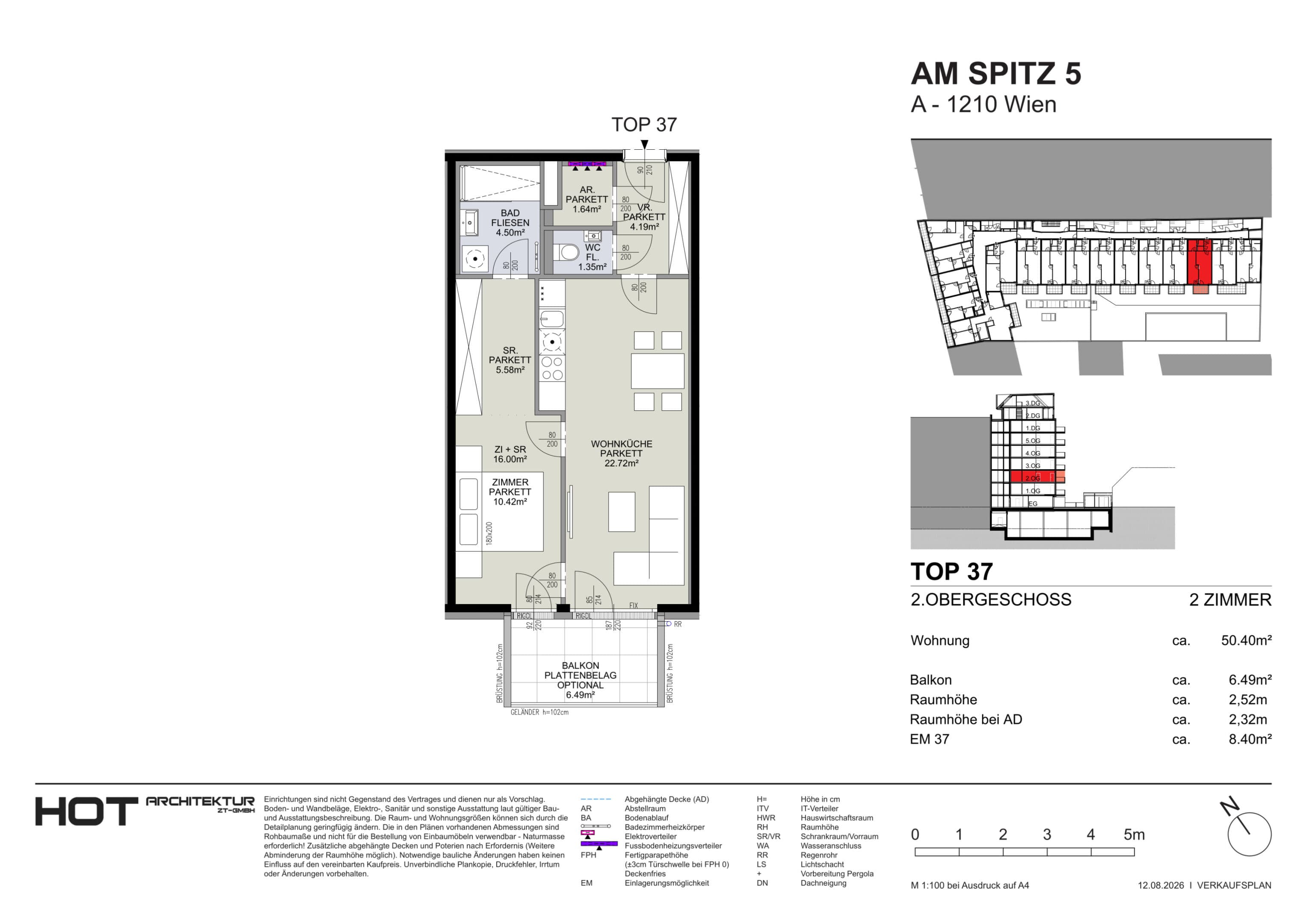 Grundriss Top 37 — Am Spitz 5 — 2 Zimmer — 50,4 m² — 2. OG
