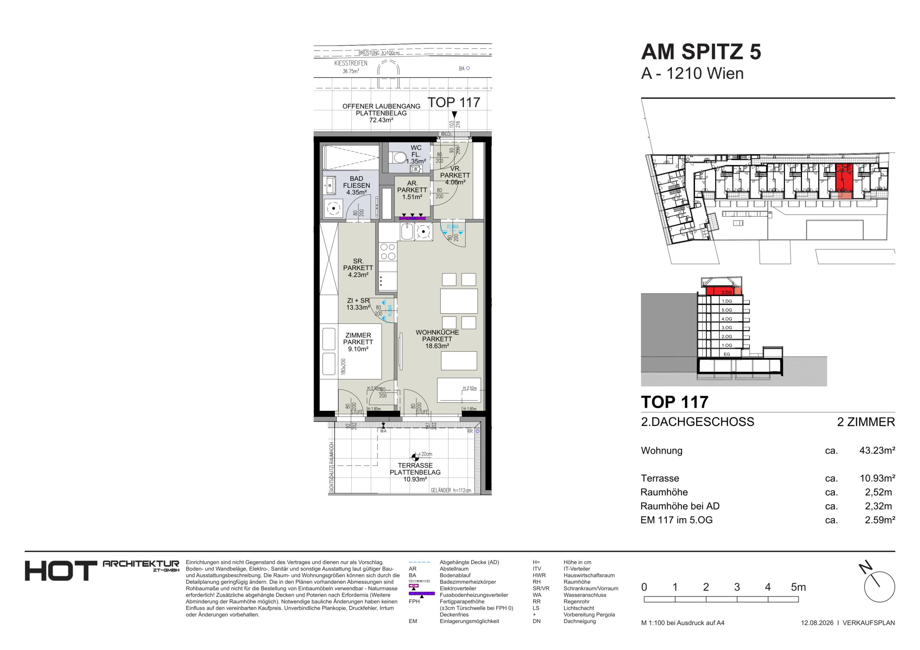 Grundriss Top 117 — Am Spitz 5 — 2 Zimmer — 43,2 m² — 2. DG