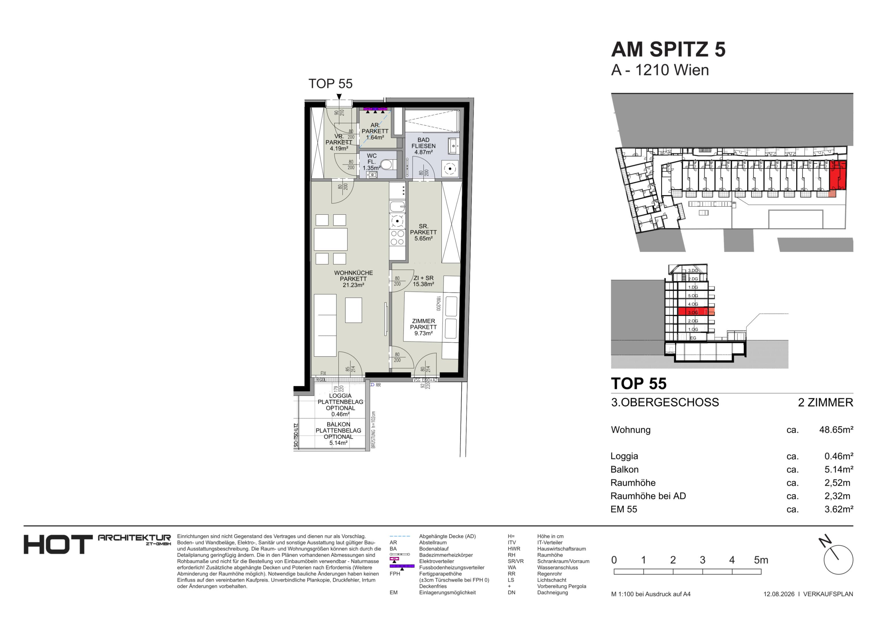 Grundriss Top 55 — Am Spitz 5 — 2 Zimmer — 48,7 m² — 3. OG