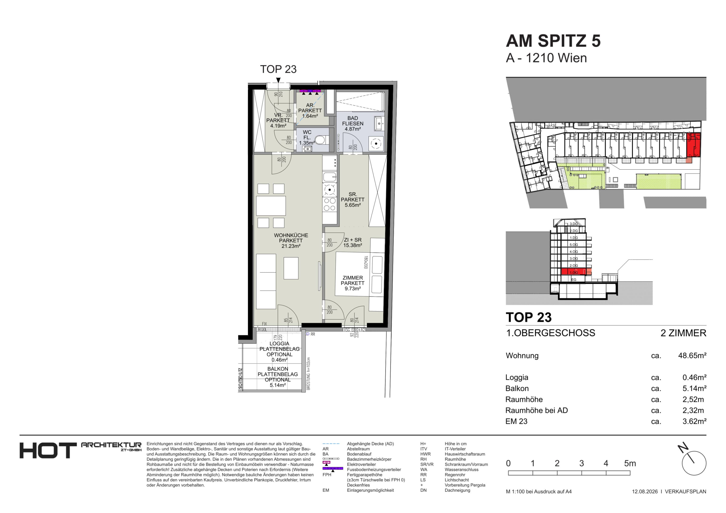 Grundriss Top 23 — Am Spitz 5 — 2 Zimmer — 48,7 m² — 1. OG