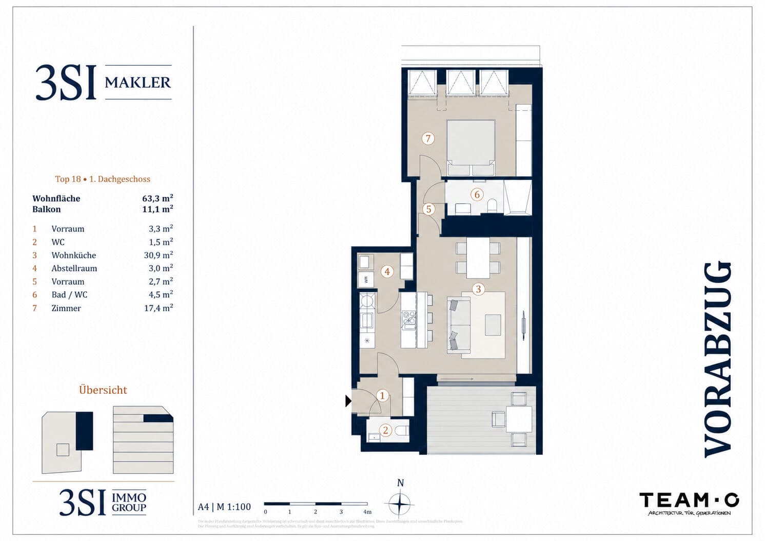 Grundriss Top 18 — Burggasse 119 — 2 Zimmer — 62,8 m² — 1. Dachgeschoß
