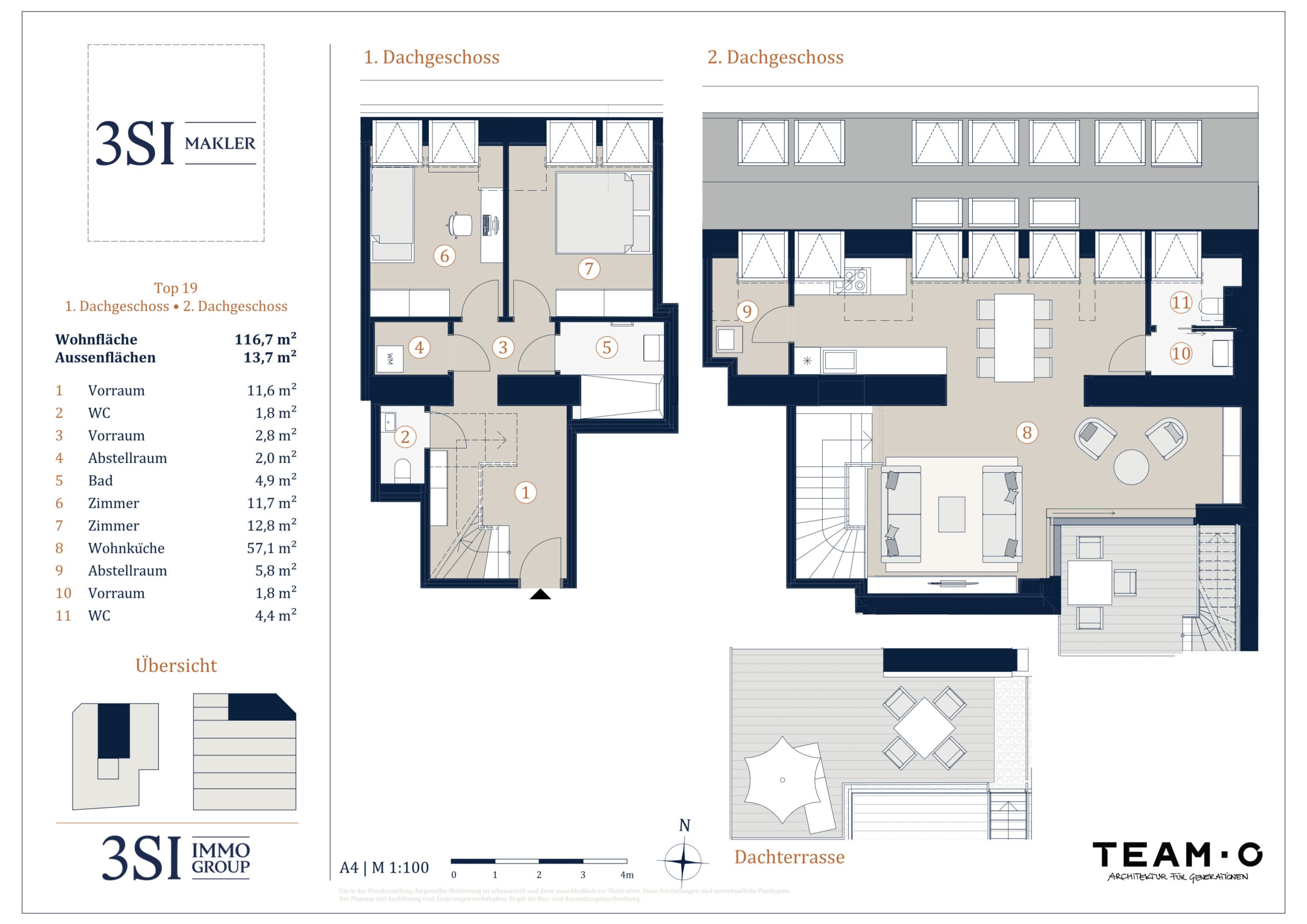 Grundriss Top 19 — Burggasse 119 — 3 Zimmer — 116,6 m² — 1. Dachgeschoß