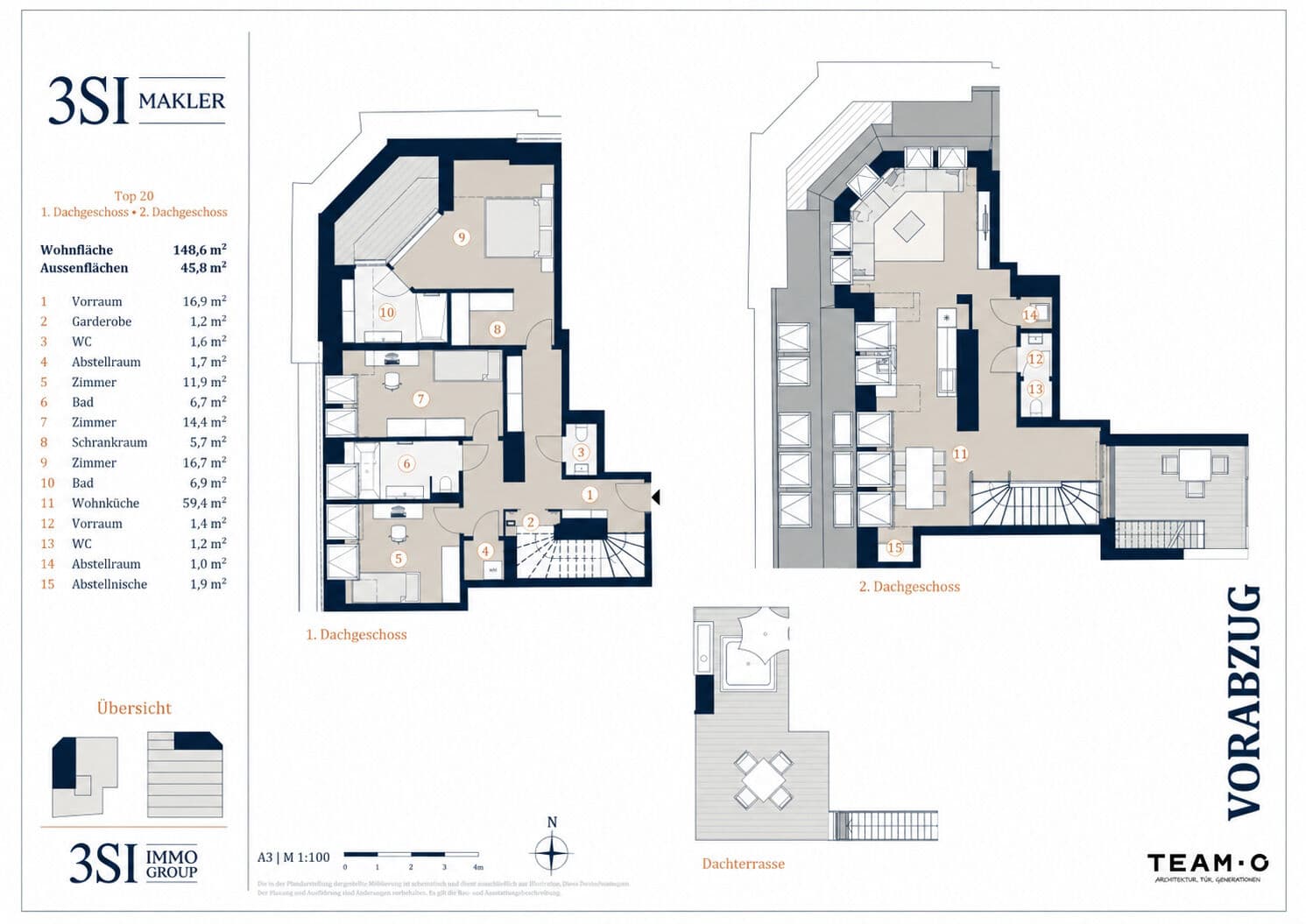 Grundriss Top 20 — Burggasse 119 — 4 Zimmer — 148 m² — 2. Dachgeschoß