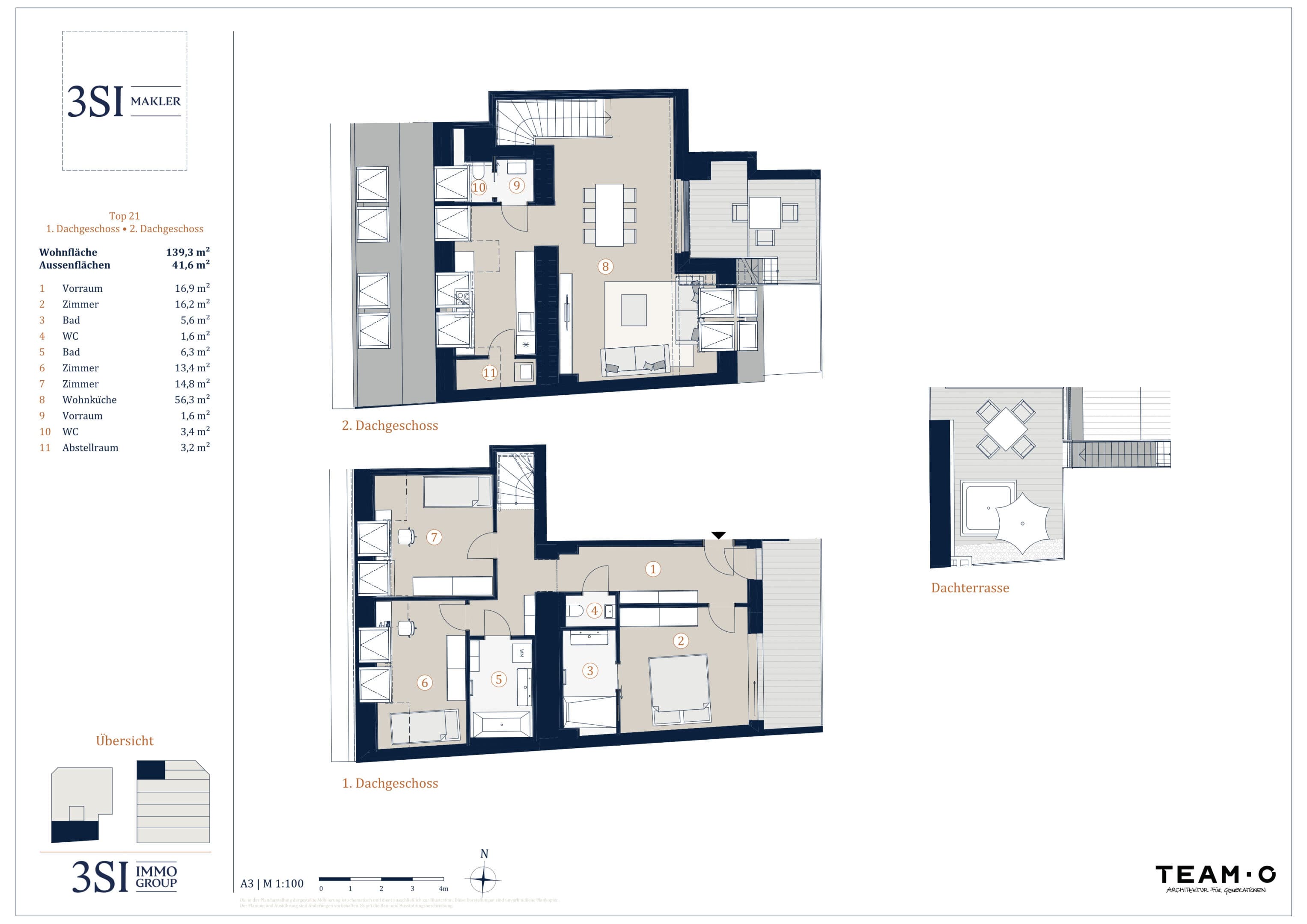 Grundriss Top 21 — Burggasse 119 — 4 Zimmer — 139,8 m² — 1. Dachgeschoß