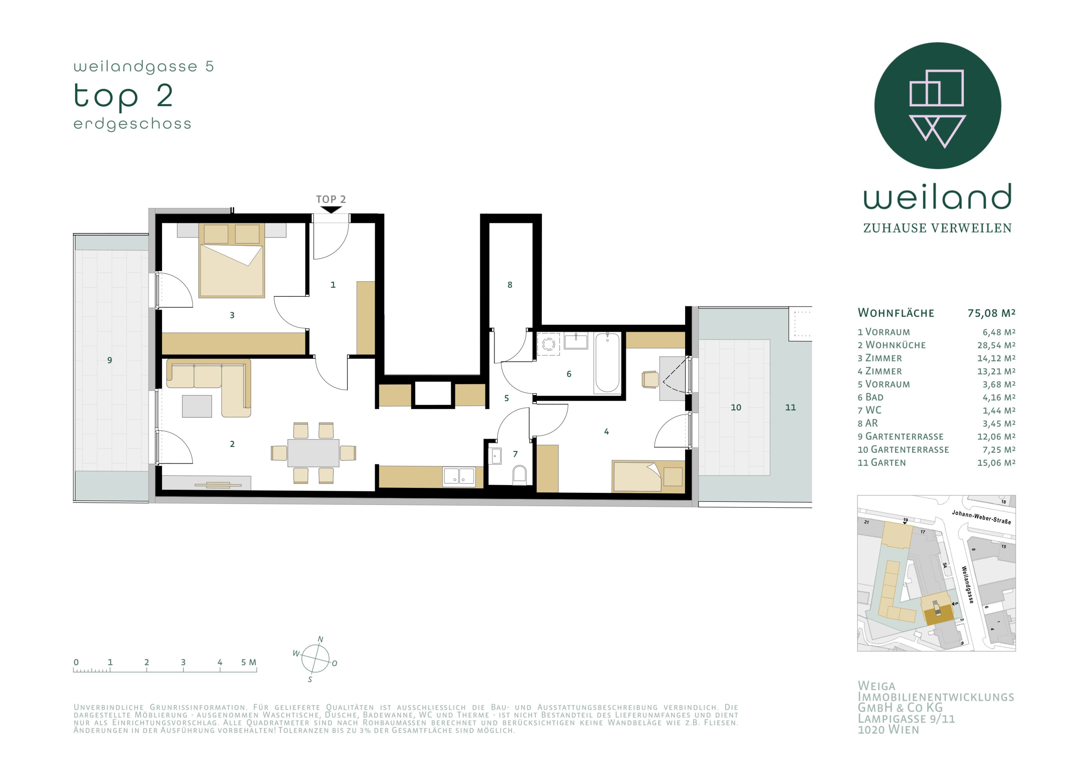 Grundriss Weilandgasse 5 / Top 2 — Das Weiland — 3 Zimmer — 74,9 m² — EG — West, Ost, Innenhof