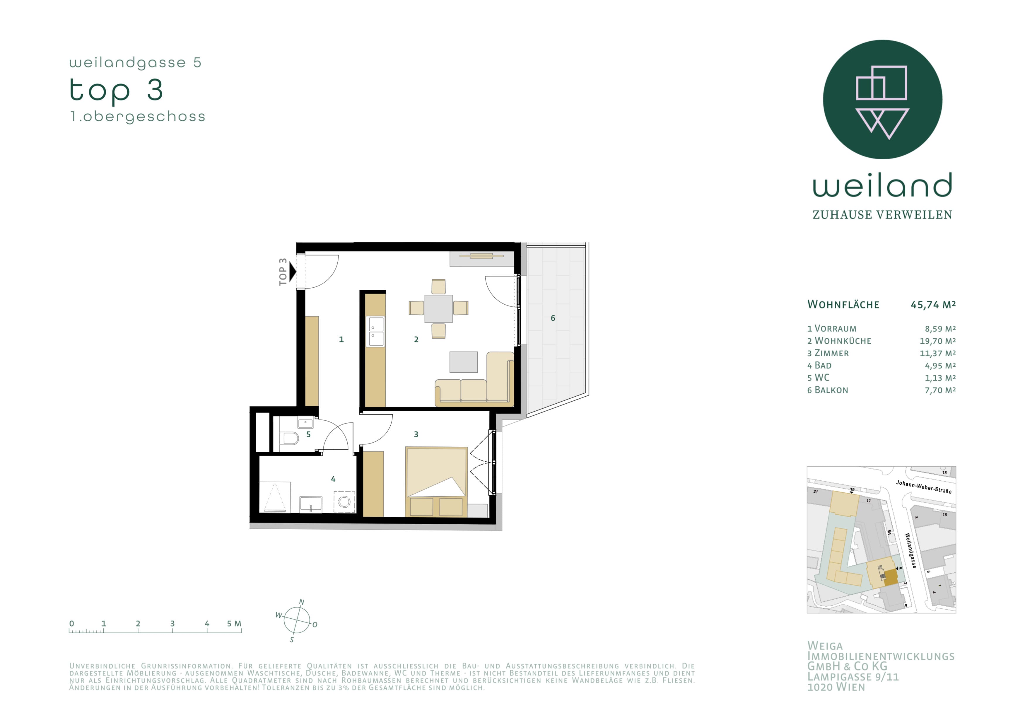 Grundriss Weilandgasse 5 / Top 3 — Das Weiland — 2 Zimmer — 45,6 m² — 1. OG — Ost