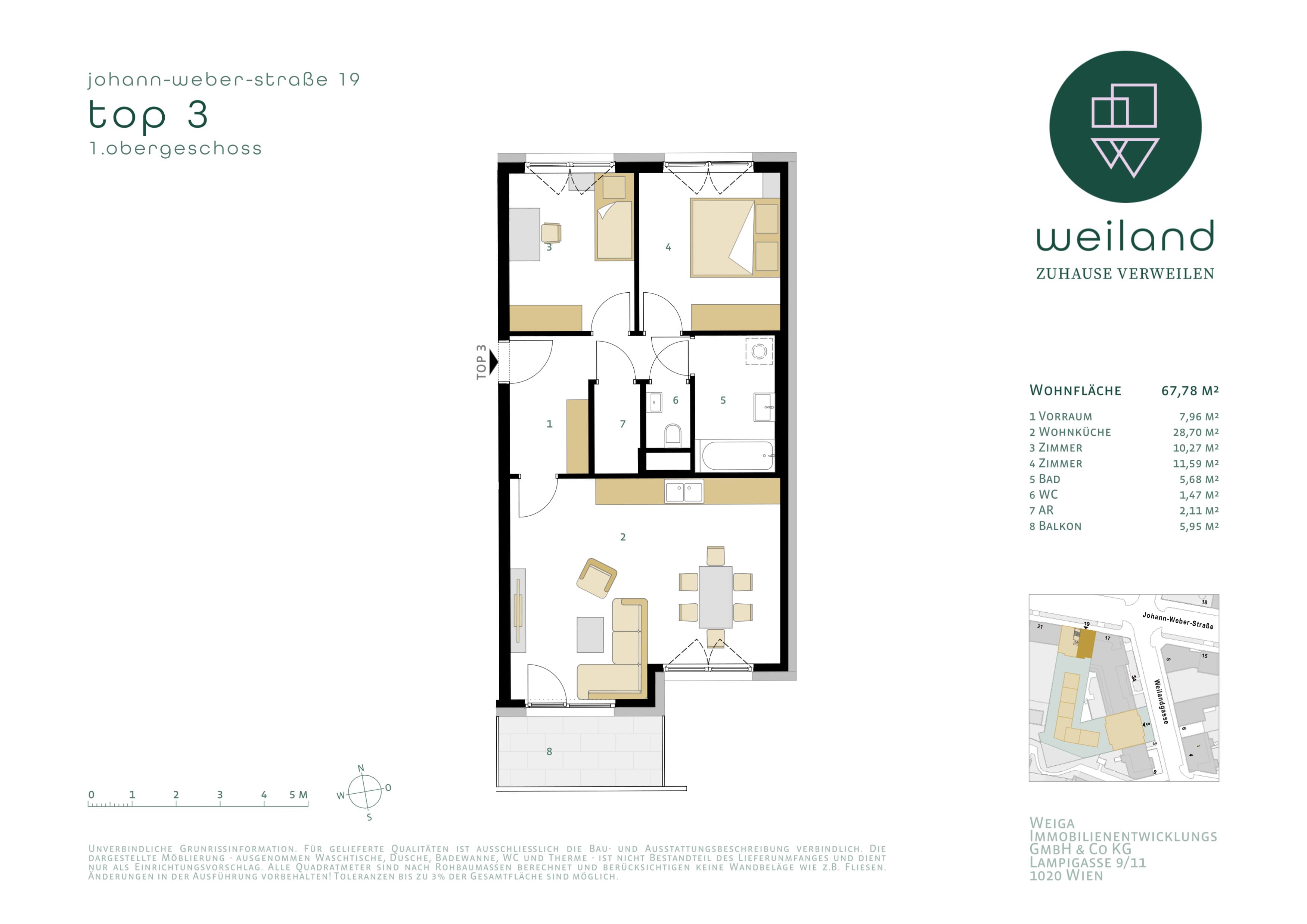 Grundriss Johann-Weber-Straße 19 / Top 3 — Das Weiland — 3 Zimmer — 67,6 m² — 1. OG — Süd