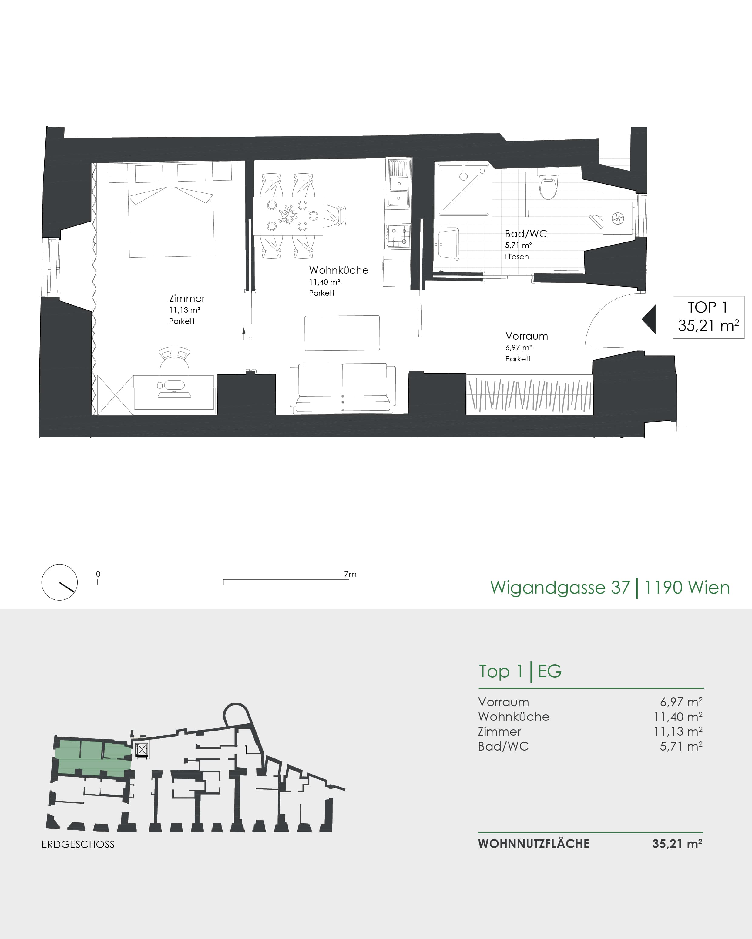 Grundriss Top 1 — Der Freihof — 2 Zimmer — 35,2 m² — EG — Südost